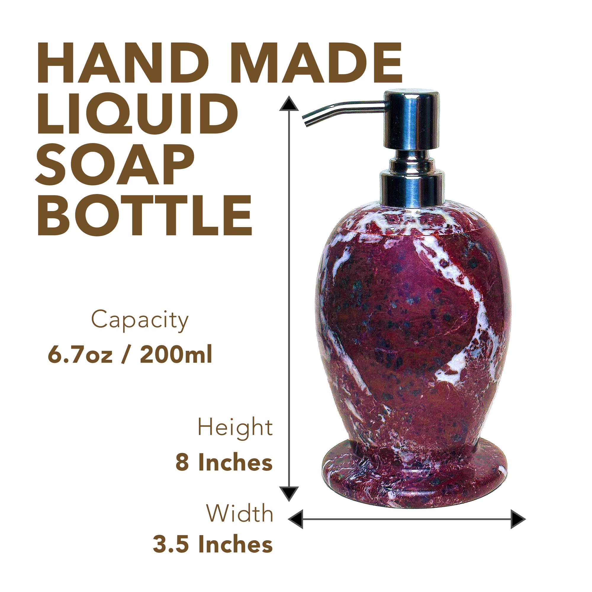 Marmor Krafts Natural Marble Hand wash Liquid Dispenser - Handmade 8” inches Refillable Bottle. Perfect for Soap, Lotion, or Sanitizer. Bringing a Touch of Luxury to Your Daily Routine (Red Zebra)
