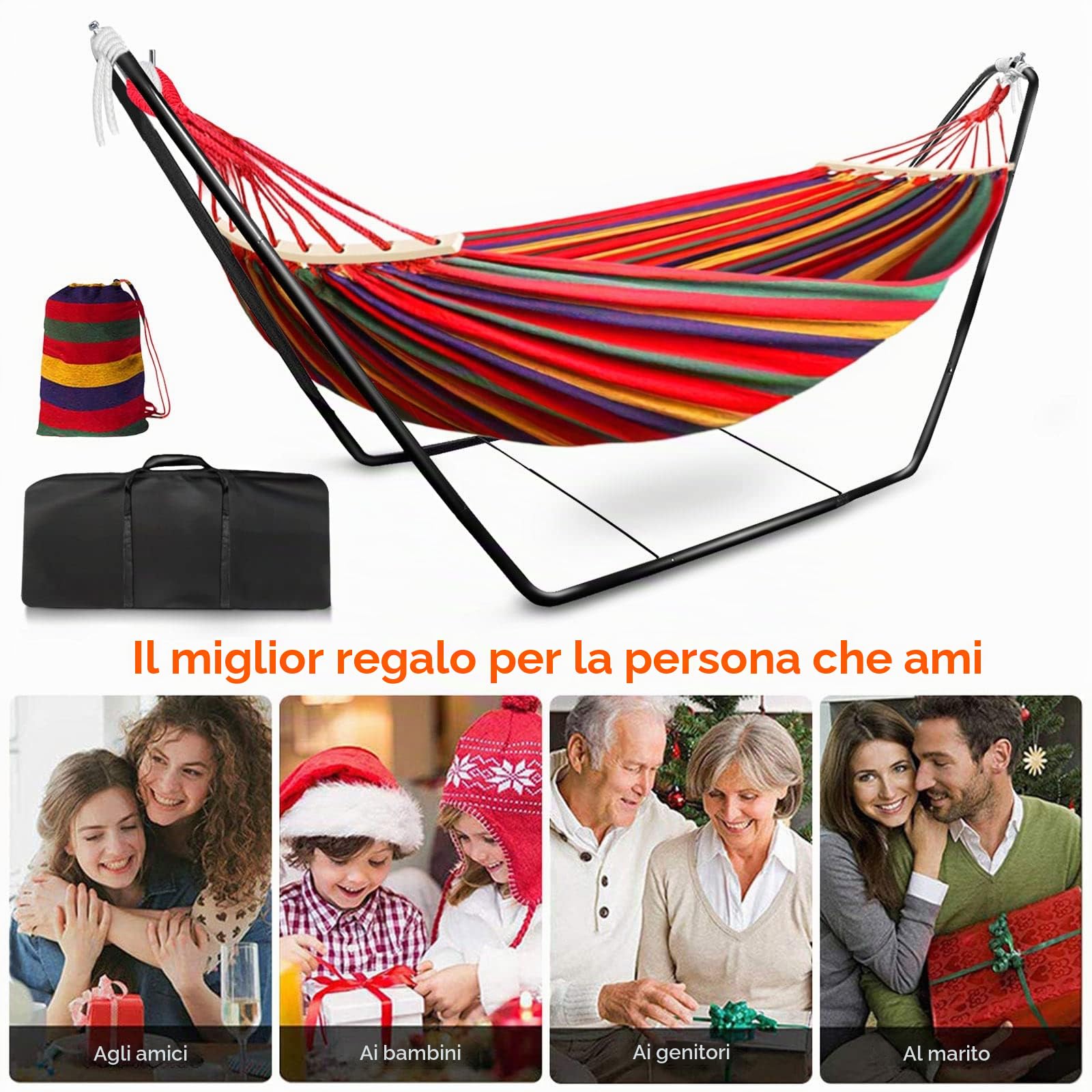 Amaca con supporto, amaca, amaca all'aperto con supporto, amaca da giardino con supporto, sedie da giardino da campeggio, amaca singola con struttura in metallo con borsa portatile e accessori