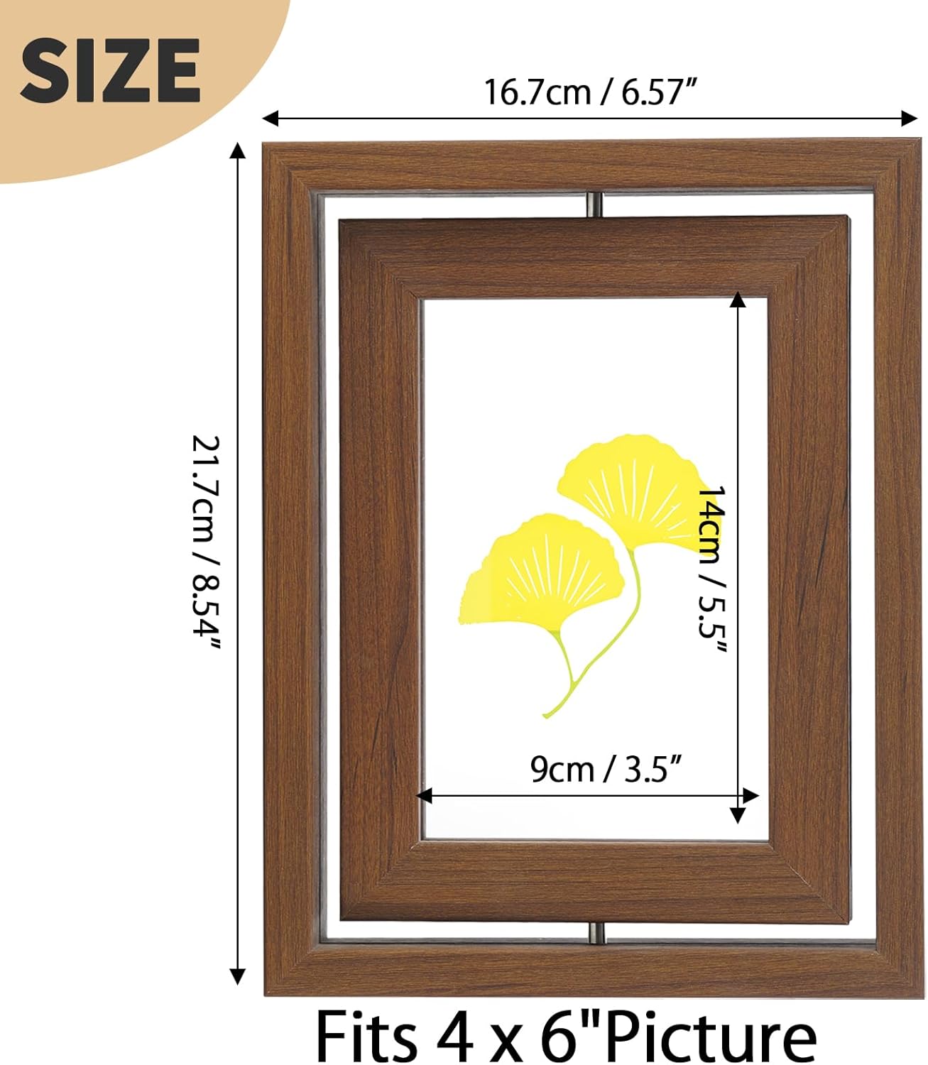 2 Pack 4x6 Rotating Floating Picture Frames, Walnut Wood Floating Photo Frame Double-Sided Display with Crystal Glass for Tabletop, Desk or Shelf