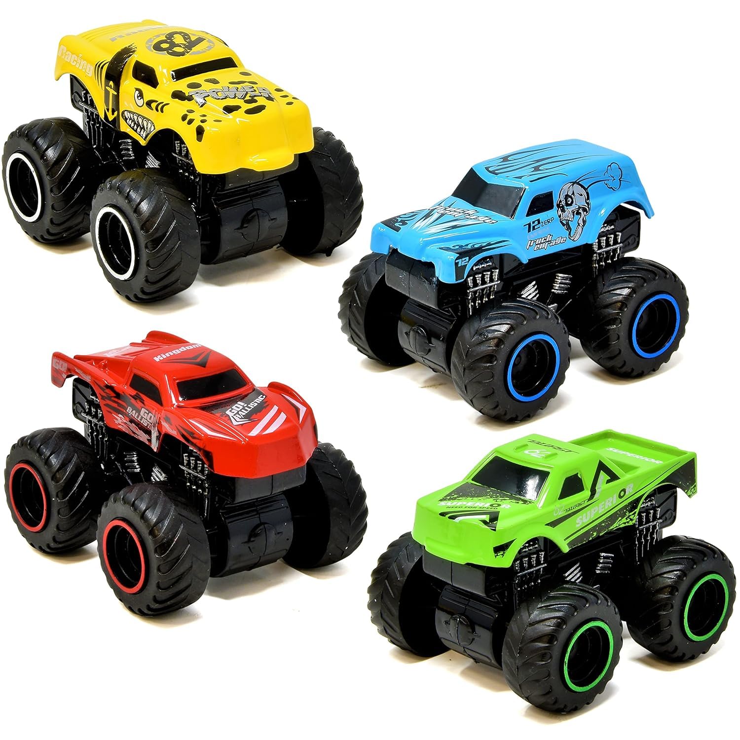 Monster Trucks for Boys Inertia Powered 4 Wheels Diecast Mini Vehicle Set Push and Go Small Toy Cars 4 Pack for Toddlers and Kids for Age 3 4 5 6 7
