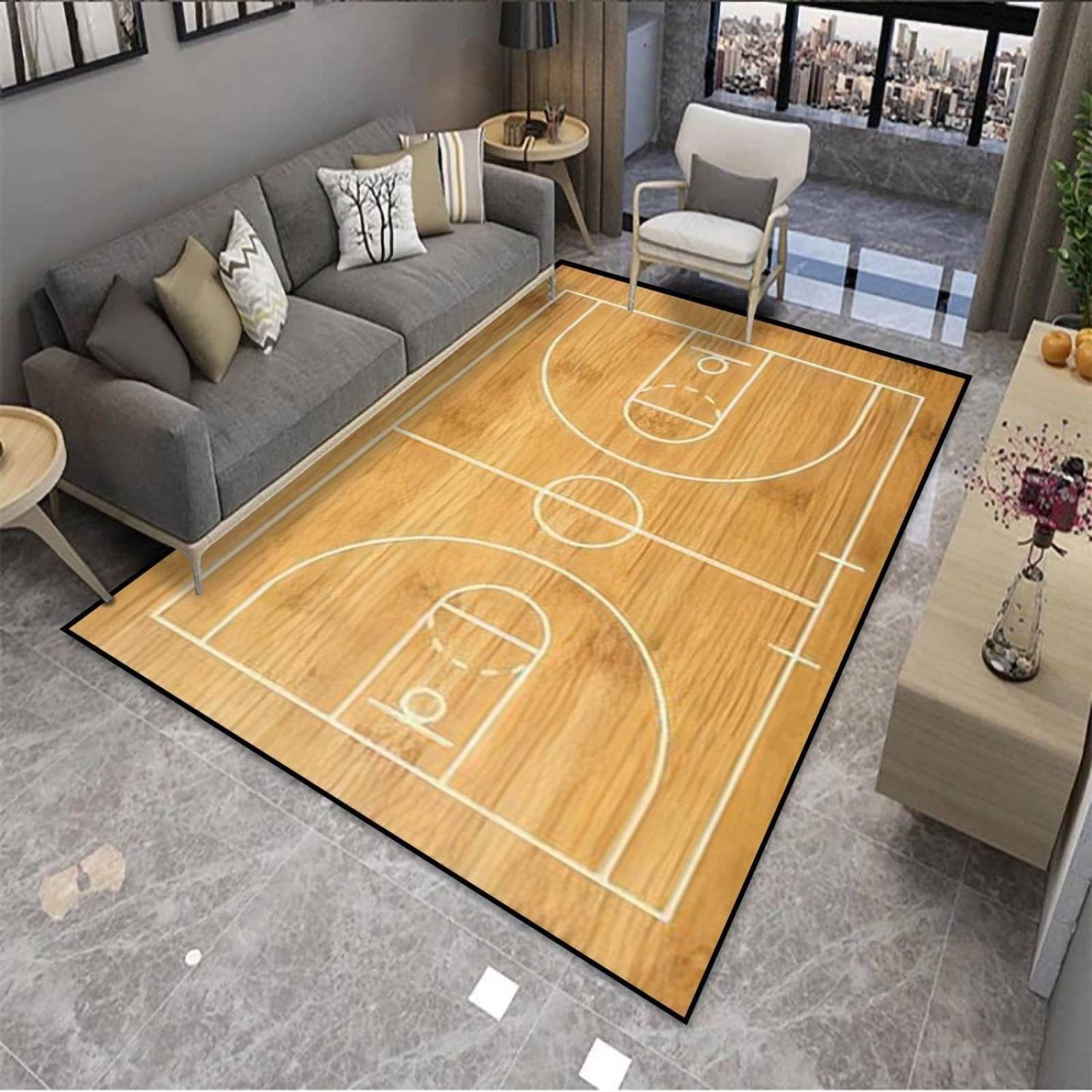 Basketball Court Area Rugs, Floor Wood Texture Indoor Non-Slip Kids Rug, with Anti-Slip Easy Clean Carpet for Living Room Bedroom Kitchen Dining Room Home Office Floor Rug,5.3 x 8ft