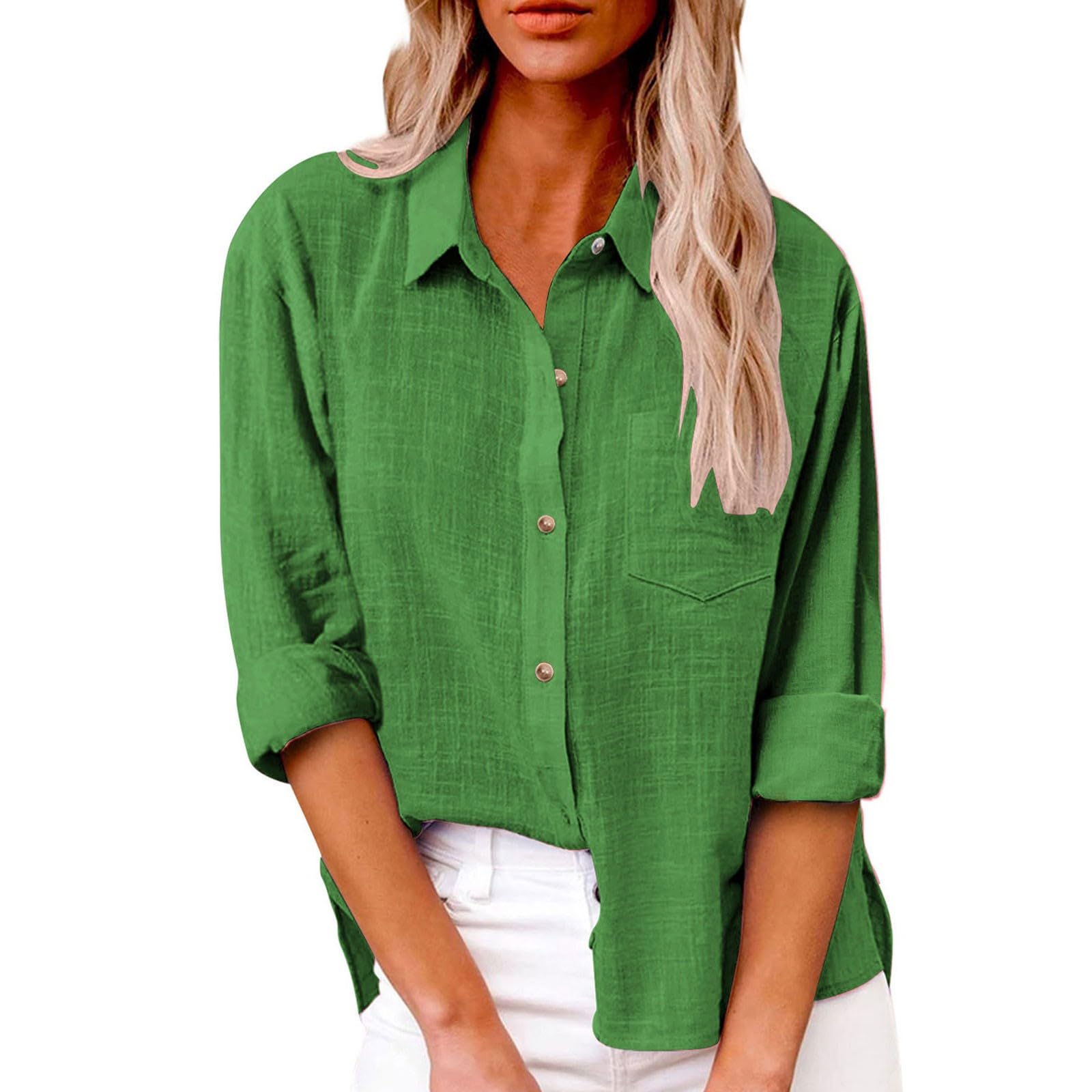 Camicia a maniche lunghe in lino da donna alla moda 2026 con risvolto button down colletto casual garza abbigliamento estivo spacco laterale camicetta in mussola oversize spiaggia tinta unita cotone