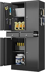 Garage Storage Cabinet with 2 Drawers and Pegboard, Locking Metal Storage Cabinet with Doors and 2 Adjustable Shelves, 71