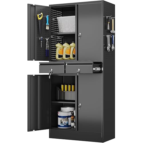 Metal Storage Cabinet with 2 Drawers and Pegboard, Garage Storage Cabinet with Locking Doors and 2 Adjustable Shelves, 71" H Steel Cabinets for Garage, Home, Office, School, Black