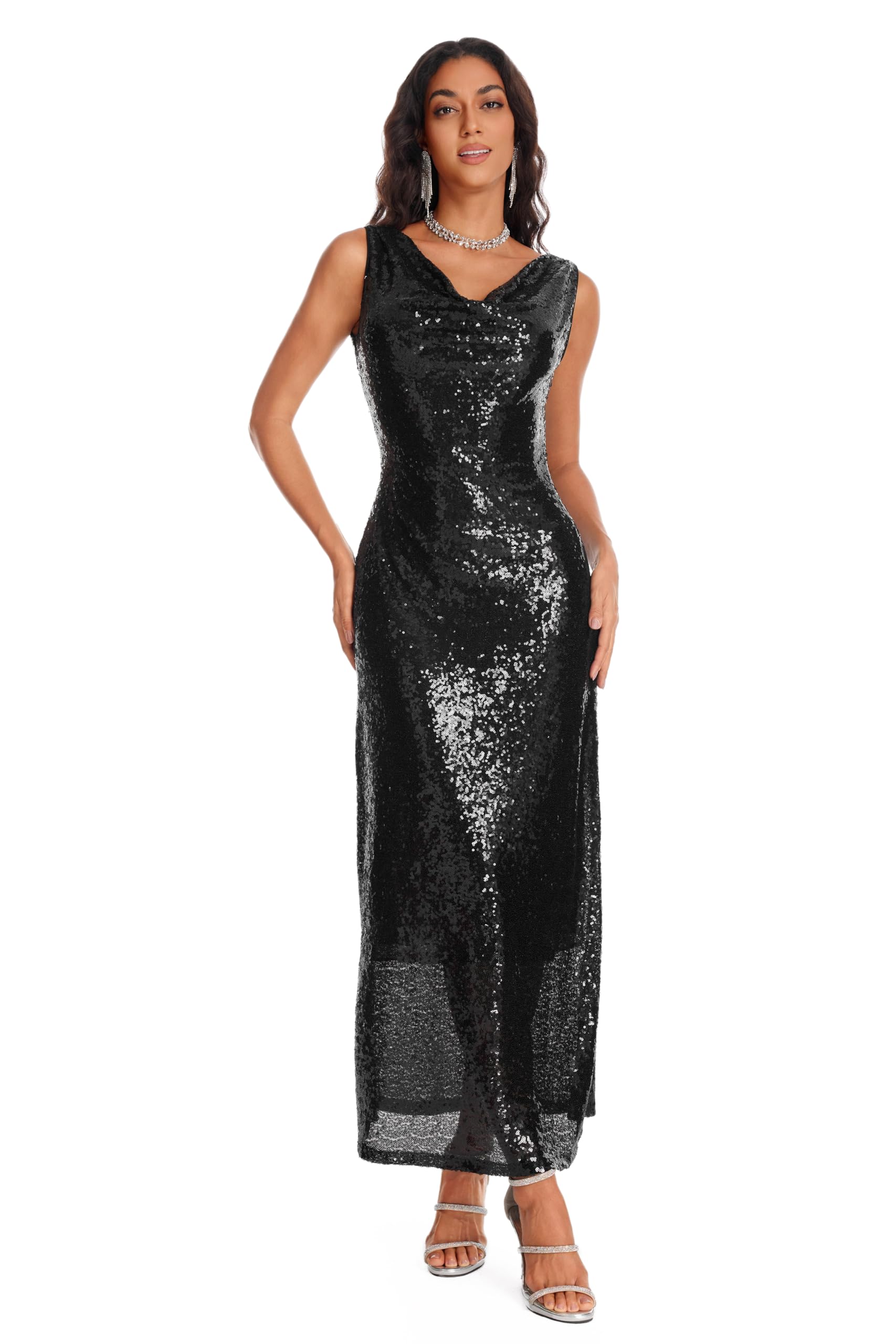 YYPBI Women’s Sequin Dress Sparkly Formal Dresses Evening Cocktail Wedding Gowns Glitter Elegant Sleeveless Bodycon Maxi Dresses Black M