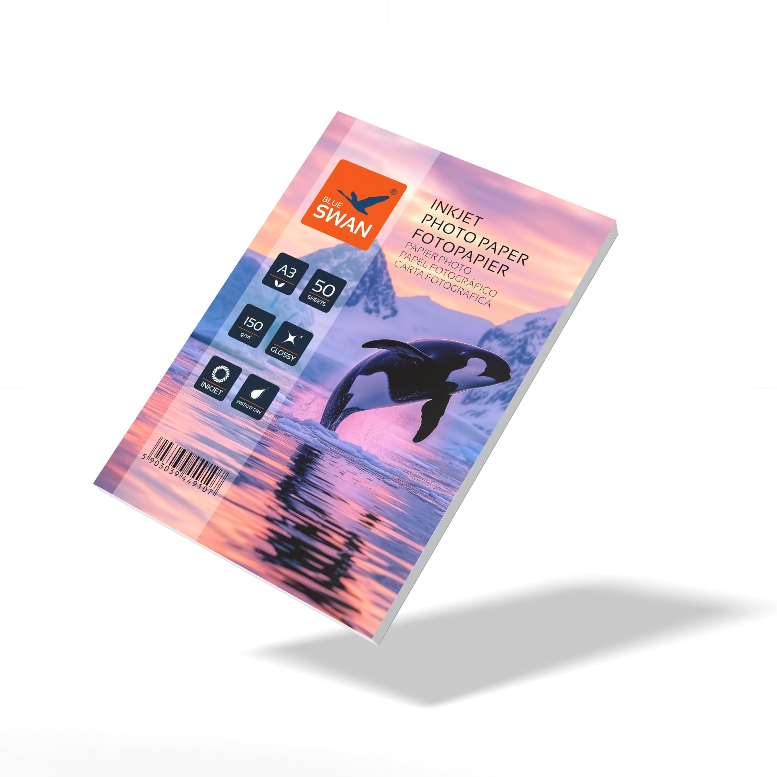 BLUE SWAN Papier Photo Brillant A3, 150 g/m², 50 Feuilles, Séchage Rapide, Résistant à l’Eau et aux Rayures, Couleurs Vives et Haute Définition, Compatible avec Imprimantes Jet d’Encre A3
