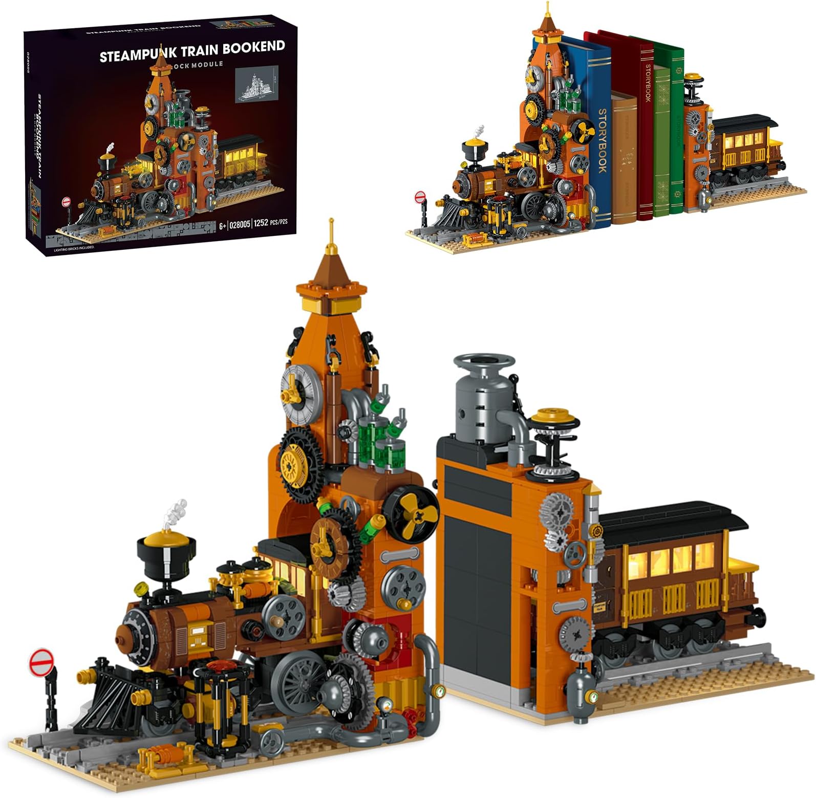 Dollox Steampunk Train Bookend Building Block Set - 1252 PCS Creative Book Nook Kit with LED Light, DIY Bookshelf Insert Blocks (Train)