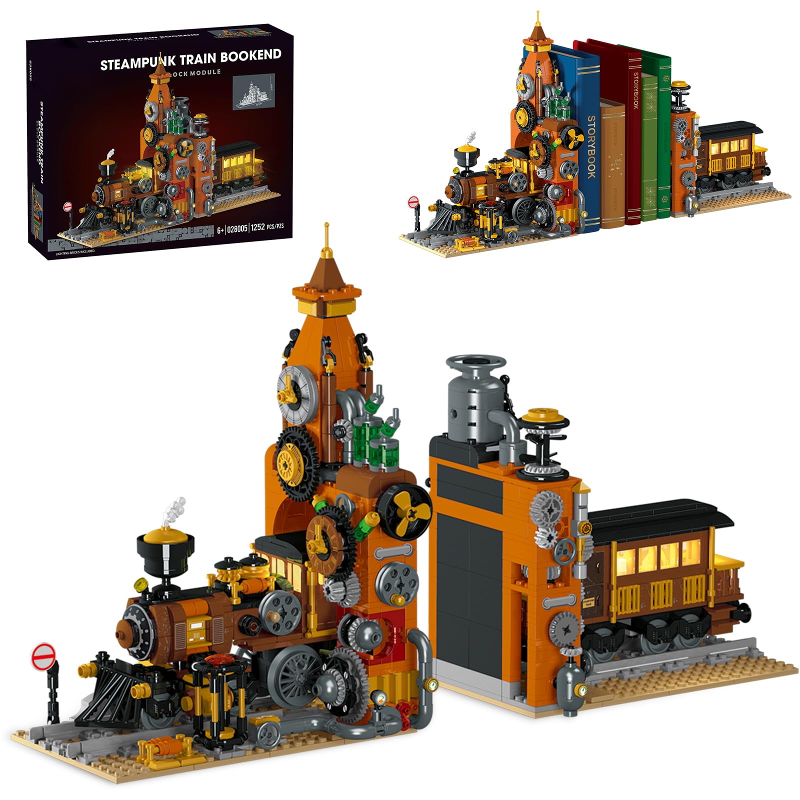 Dollox Steampunk Train Bookend Building Block Set - 1252 PCS Creative Book Nook Kit with LED Light, DIY Bookshelf Insert Blocks (Train)