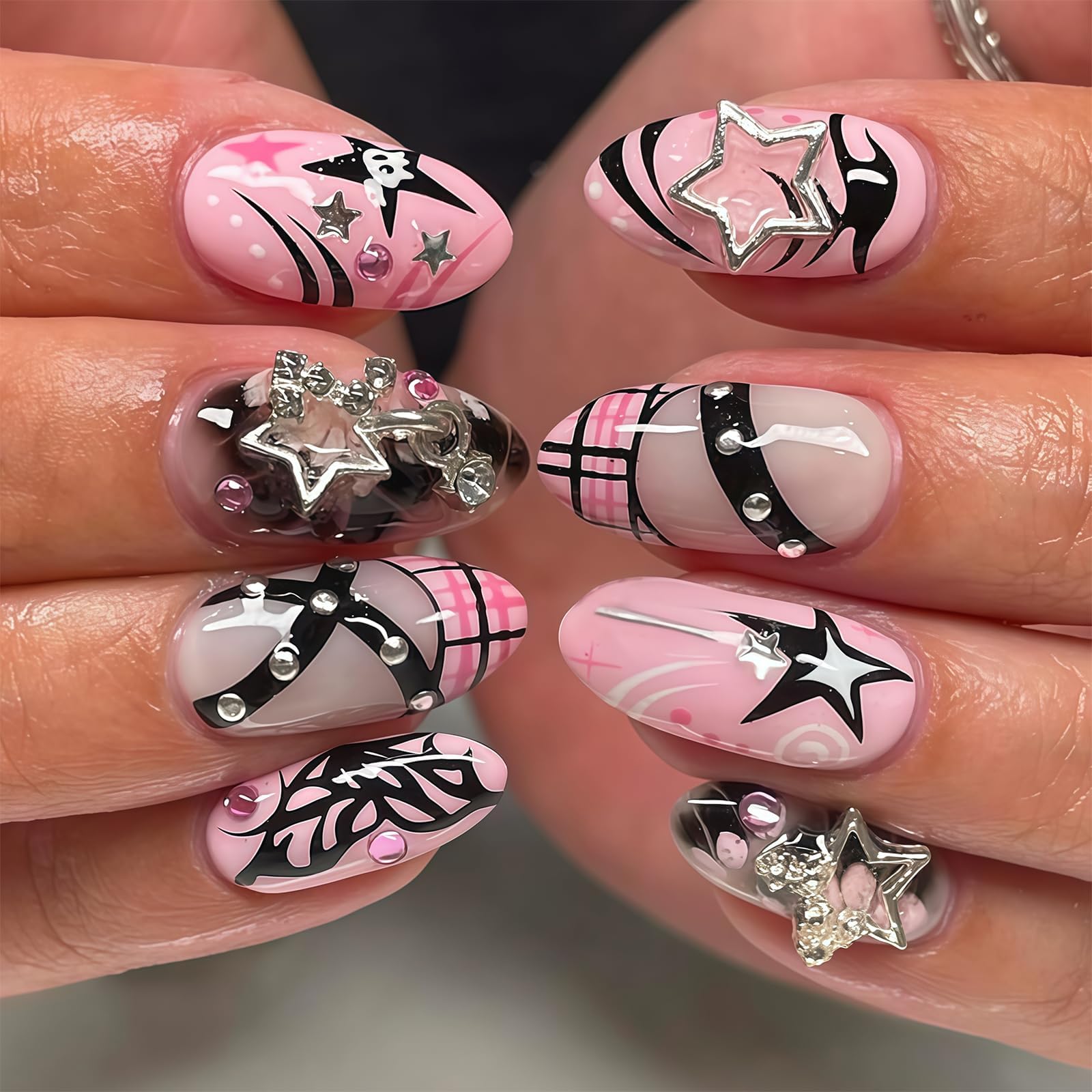 Press On Nails 24Pcs Medium Almond False Nails with 3D Rhinestones Pink Y2K Fake Nails for Trendy Women Girls Party Dating Daily Wear Durable Stick On Manicure