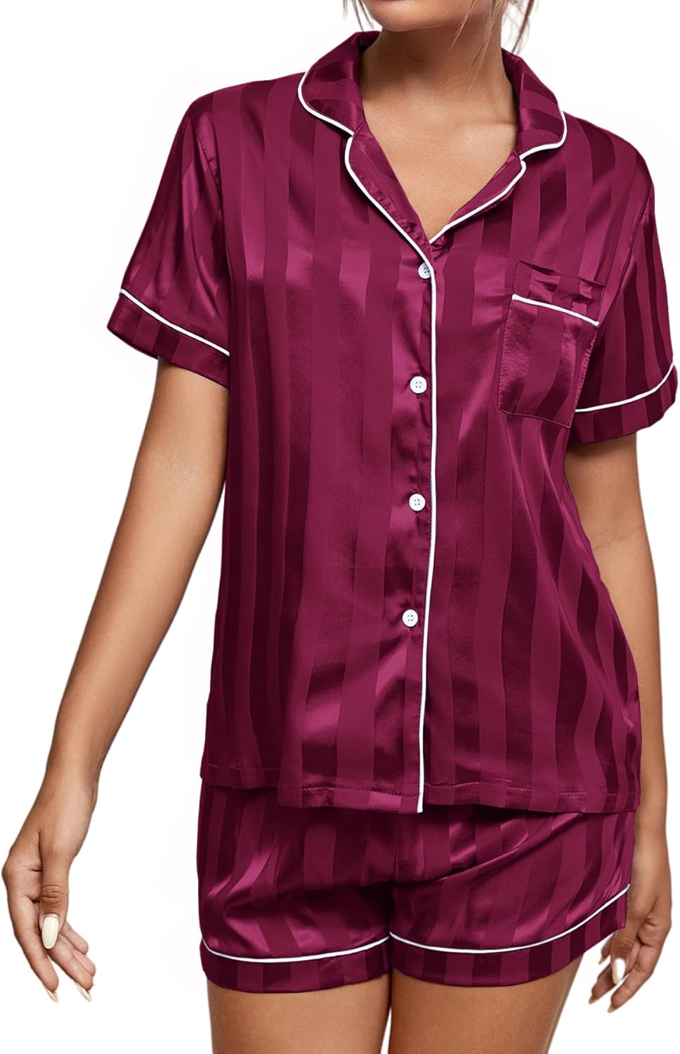 Umenlele Women's Silky Satin Striped Pajamas Short Sleeve Top with Shorts Sleepwear PJ Set - Image 3