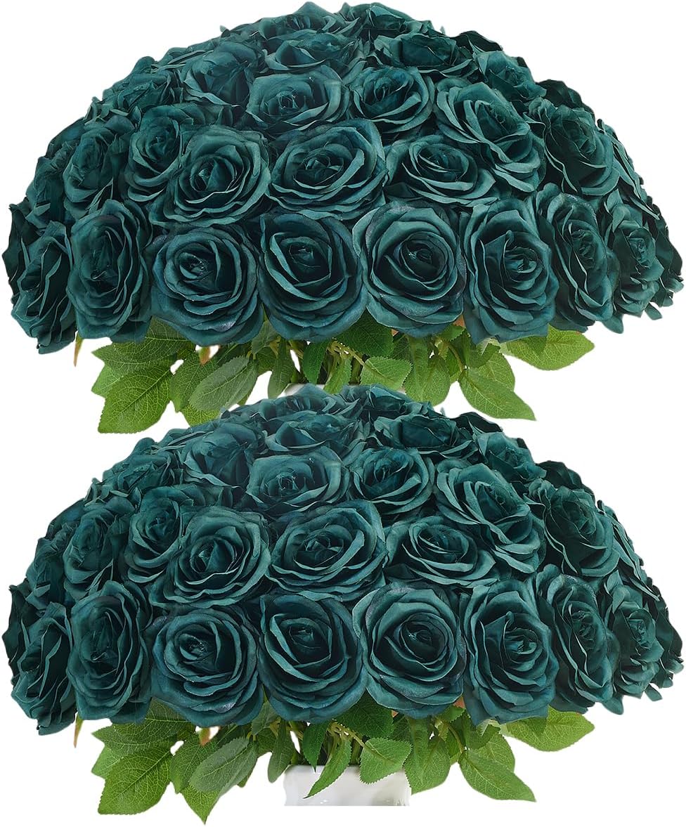 IUKnot 50pcs Emerald Green Roses Artificial Flowers Bulk,Fake Roses Silk Flower with Stems Realistic Flowers for Wedding Centerpiece Home Party Decor