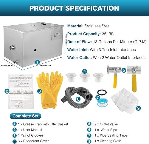 Miniatura 3 de IRONWALLS Trampas de grasa comerciales para fregadero de 3 compartimentos, trampas de grasa de acero inoxidable de 40 libras para restaurantes