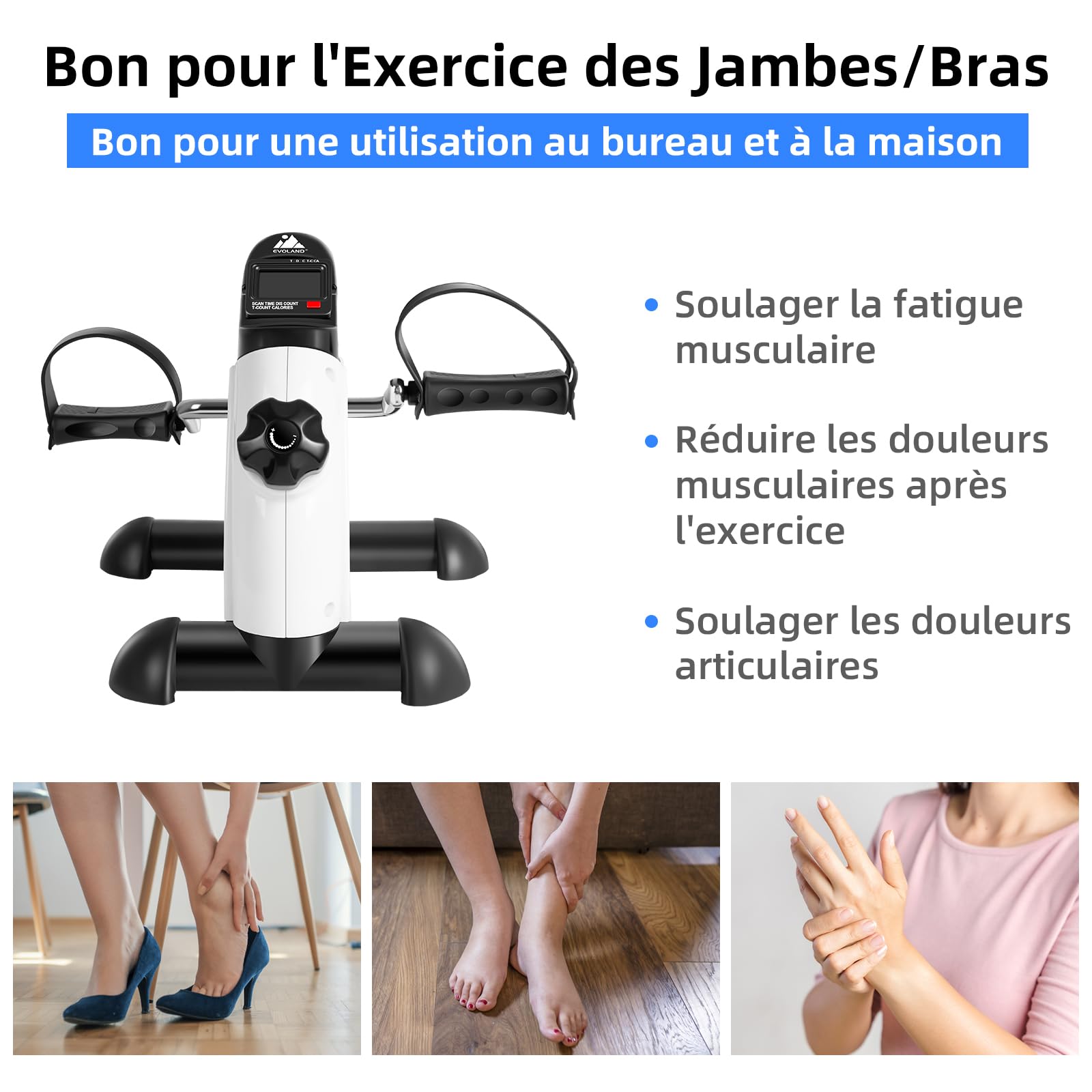 EVOLAND Mini Vélo d'Appartement, Pédale Statique Portable, Résistance Réglable, Ecran LCD Appareil, Appareil d'exercice pour Les Jambes et Les Bras Travailler