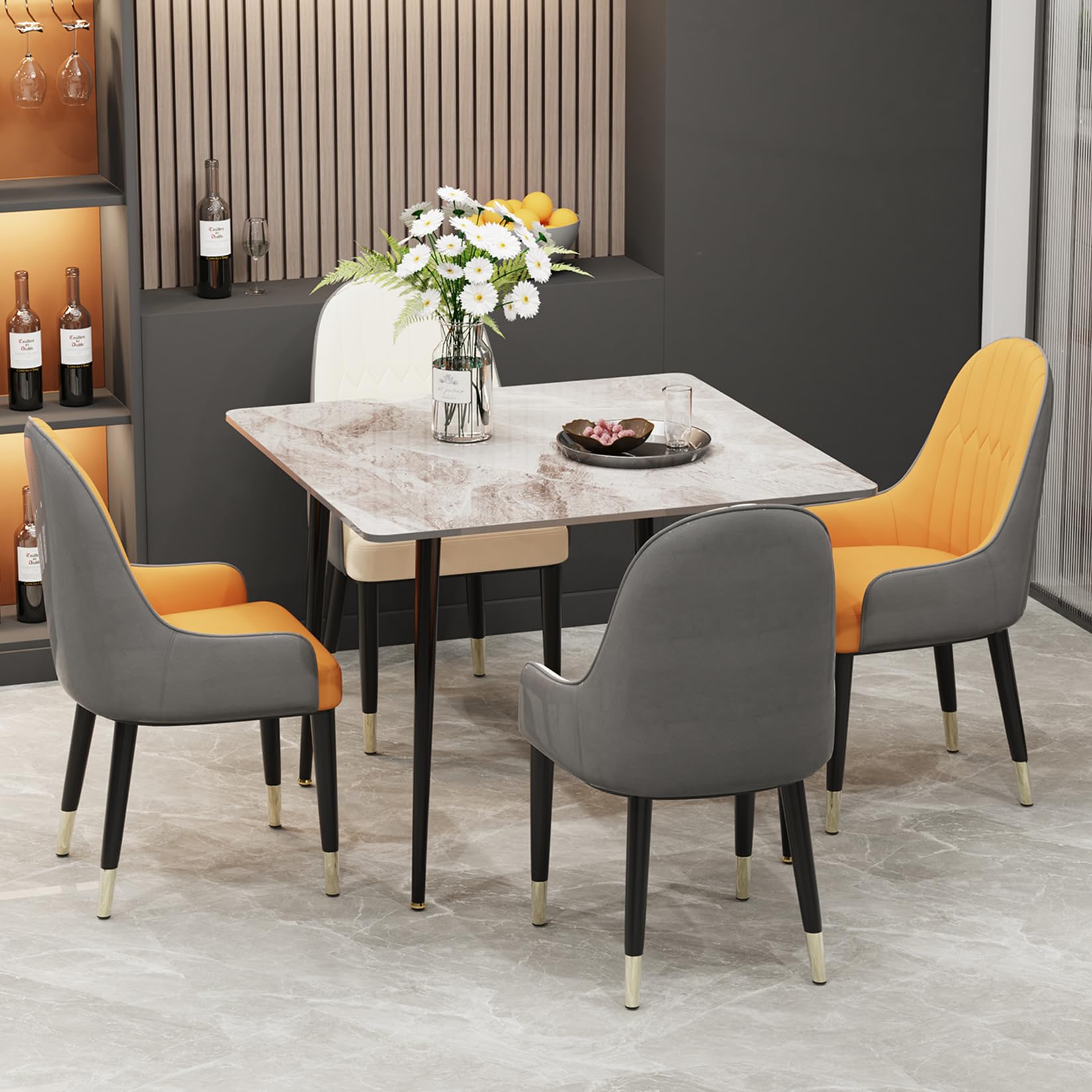 FATIVO Tavolo da Pranzo Marmo Quadrato 80x80cm: Cucina 4 Posti, Soggiorno Moderno Antigraffio, Scandinavo Grigio Lucido Raffinato da Ristorante, Metallo Telaio
