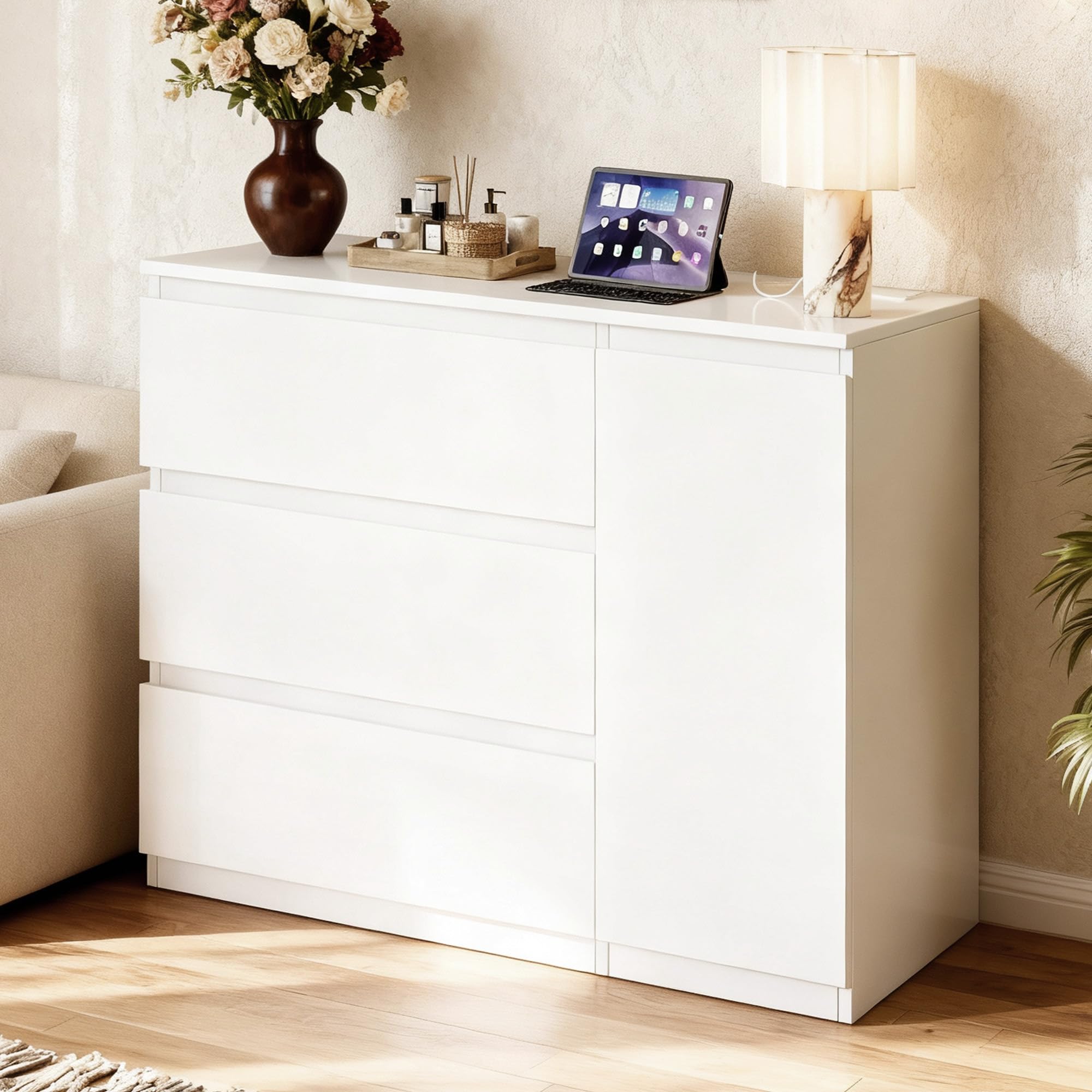 FEONASE Chest of Drawers Bedroom with Charging Station, White Chest of Drawers with Adjustable 2 Shelf & Magnetic Door, 90x 68x36cm, MDF Storage Cabinet for Living Room, Bedroom, White