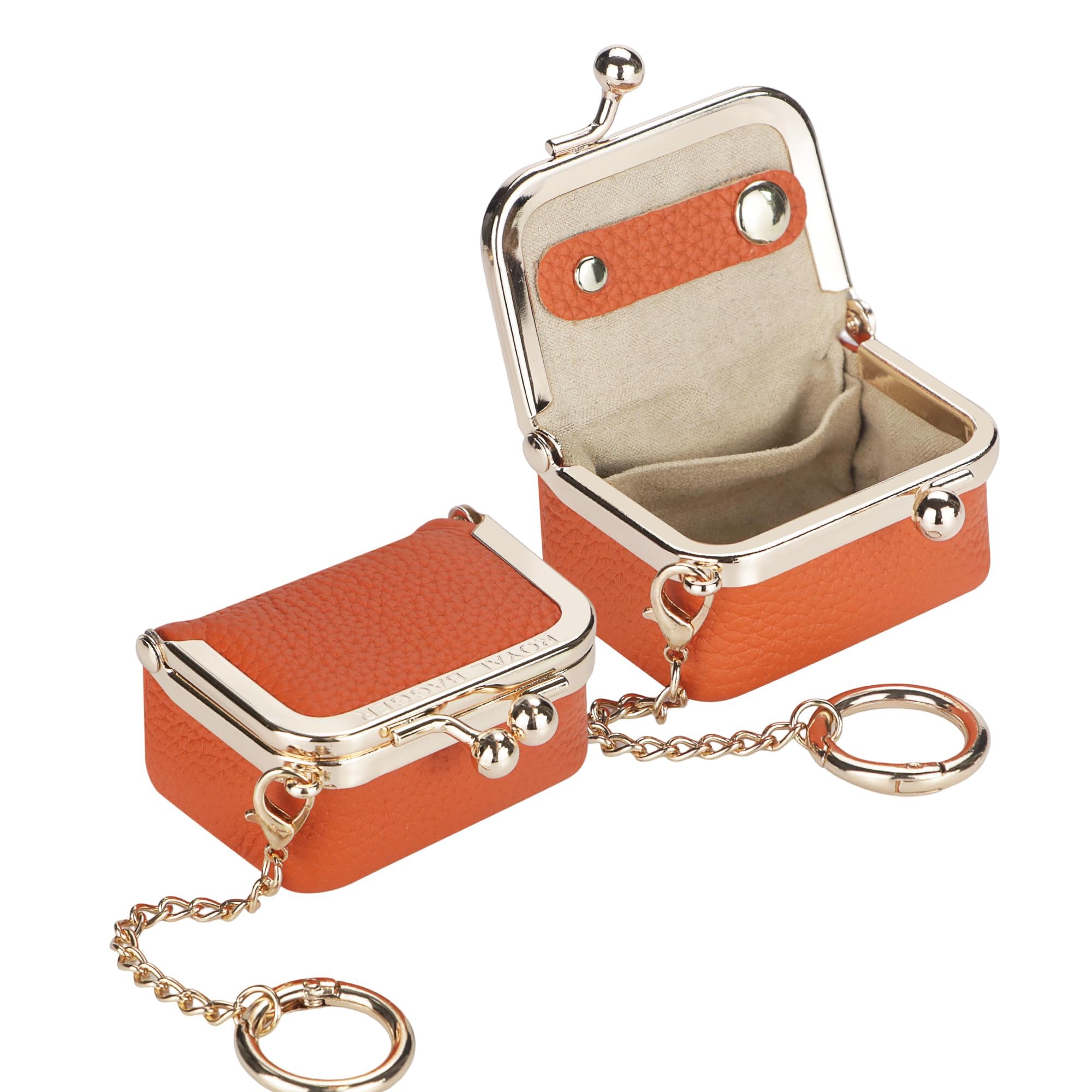 Royal Bagger Echte Kuhleder Mini Schmuck Box Frauen Münze Tasche Einfarbe Kuss Schloss Wechsel Beutel Casual Stil Kleine Aufbewahrungstasche für Frauen 1894 (Orange 2)