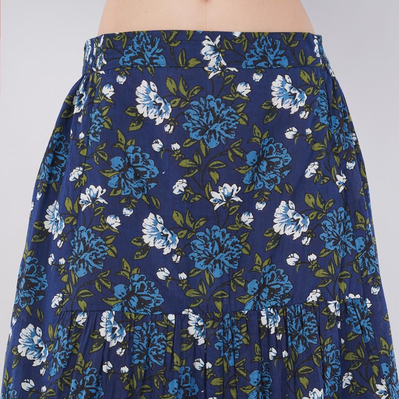 Rabhika Women’s Dark Blue Floral Patterned Pure Cotton Maxi Skirt, Elegant Flowy Long Skirt for Daily Ethnic Wear| S 1