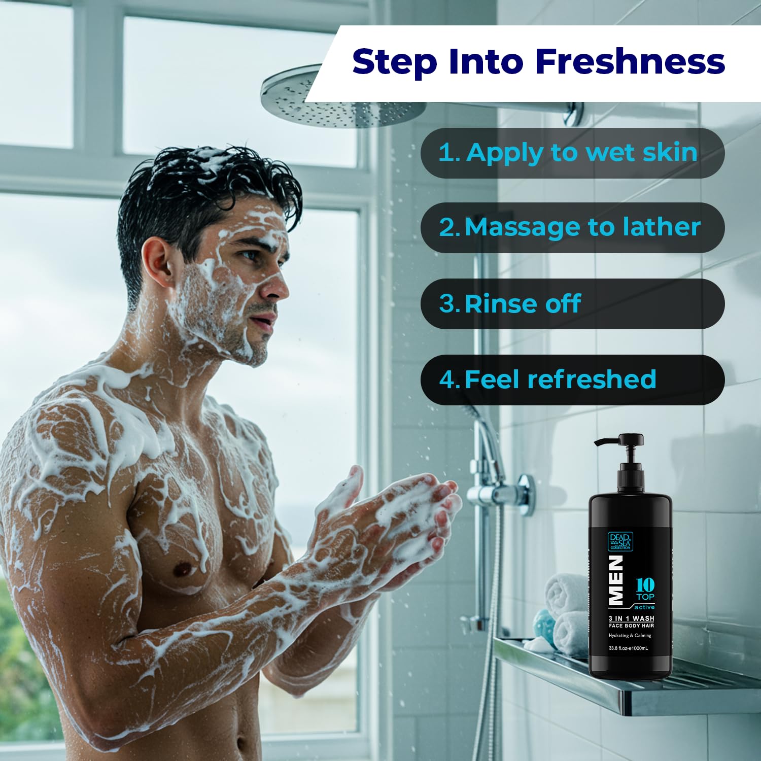 Dead Sea Collection Mens Body Wash TOP 10 ACTIVE – 3 in 1 Body Wash for Men for Hair, Face & Body – Moisturizing Shower Gel with Dead Sea Minerals – Pack of 2 (33.8 fl oz each) - Image 6