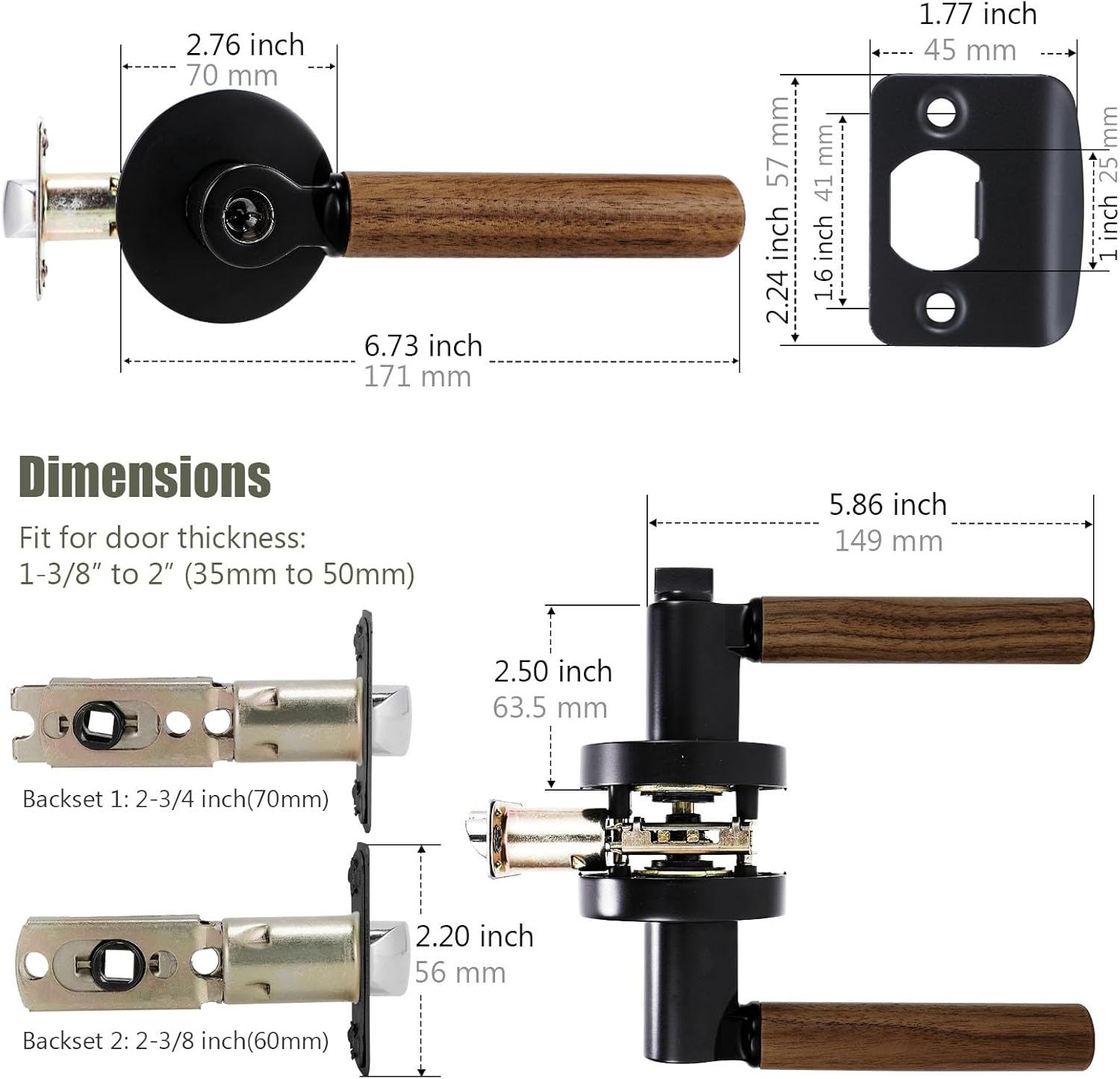 Walnut Wood Privacy Door Lever - Reversible Keyless Locksets Door Handles for Interior Bedrooms&Bathrooms Room Door Lock Zinc Alloy Base (1 Pack, Black, Privacy)