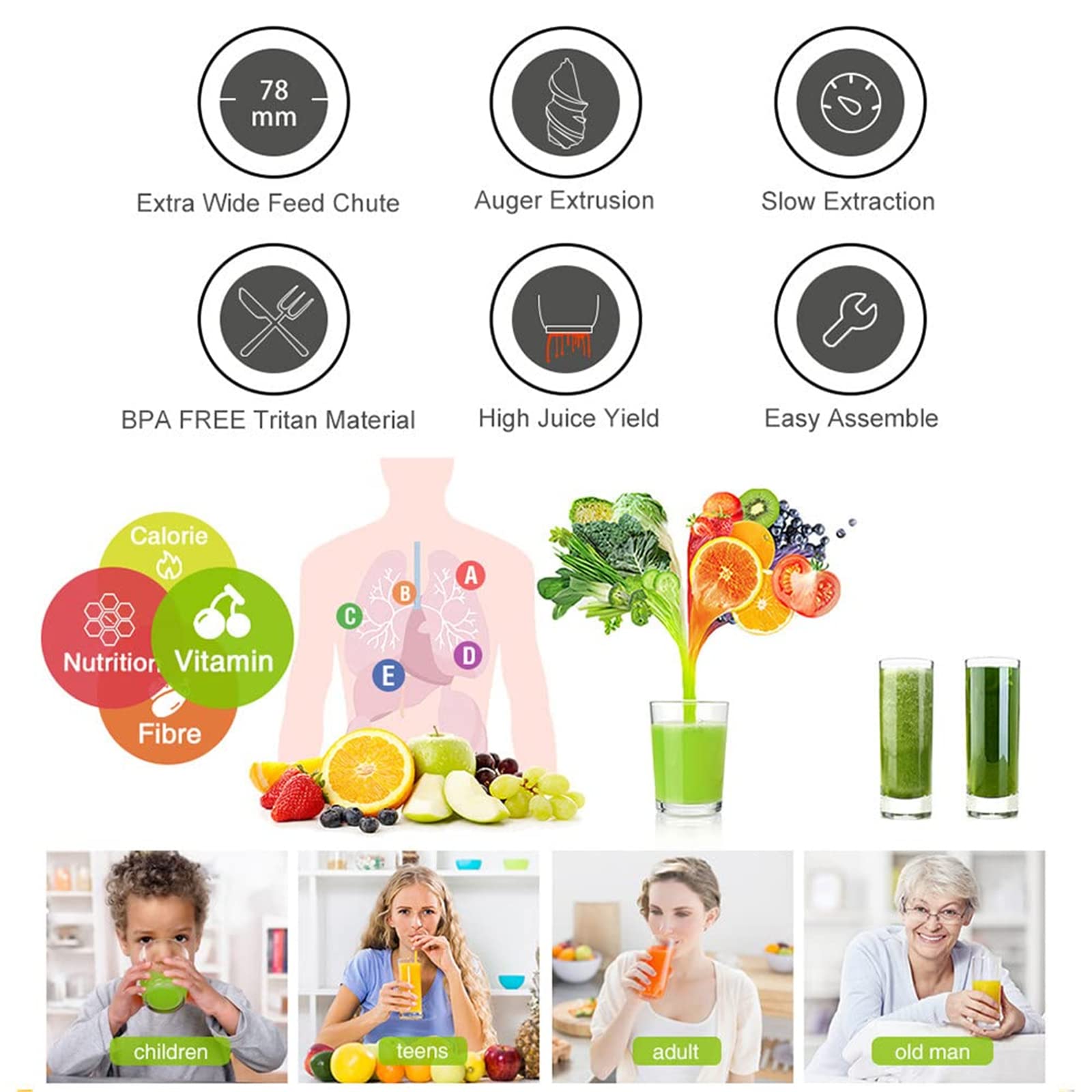 UMJIGF Slow Masticating Juicer Extractor,Cold Press Slow Juicer,Professional Juicer Extractor for High Nutrient Fresh Vegetable and Fruit