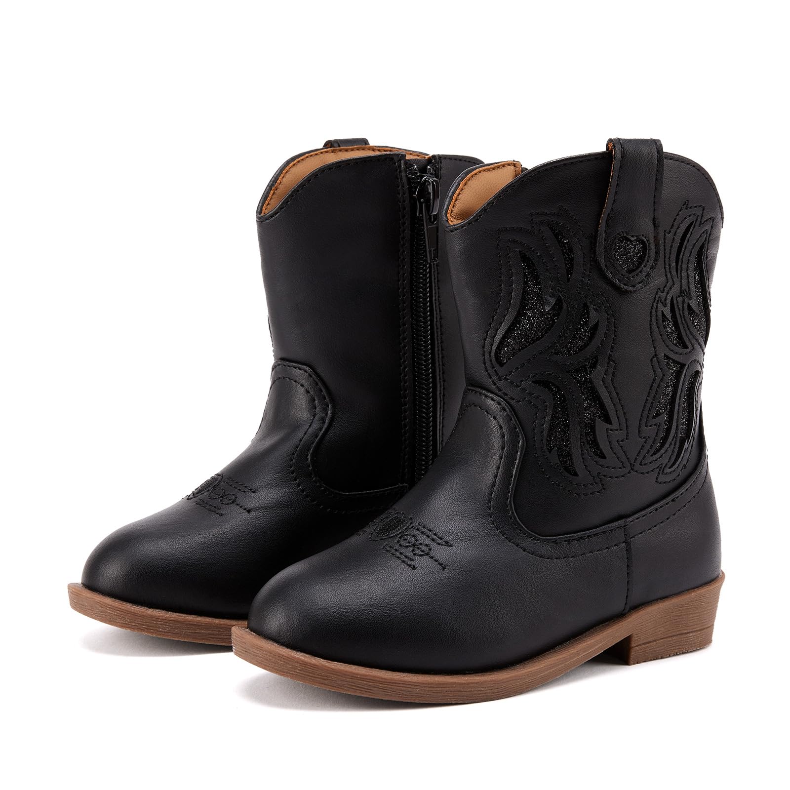 BMCiTYBM Toddler Little Girls Cowboy Cowgirl Boots Kids Pointed Toe Western Boots Mid Calf Side Zipper Riding Shoes for All Seasons Black Size 6 Toddler