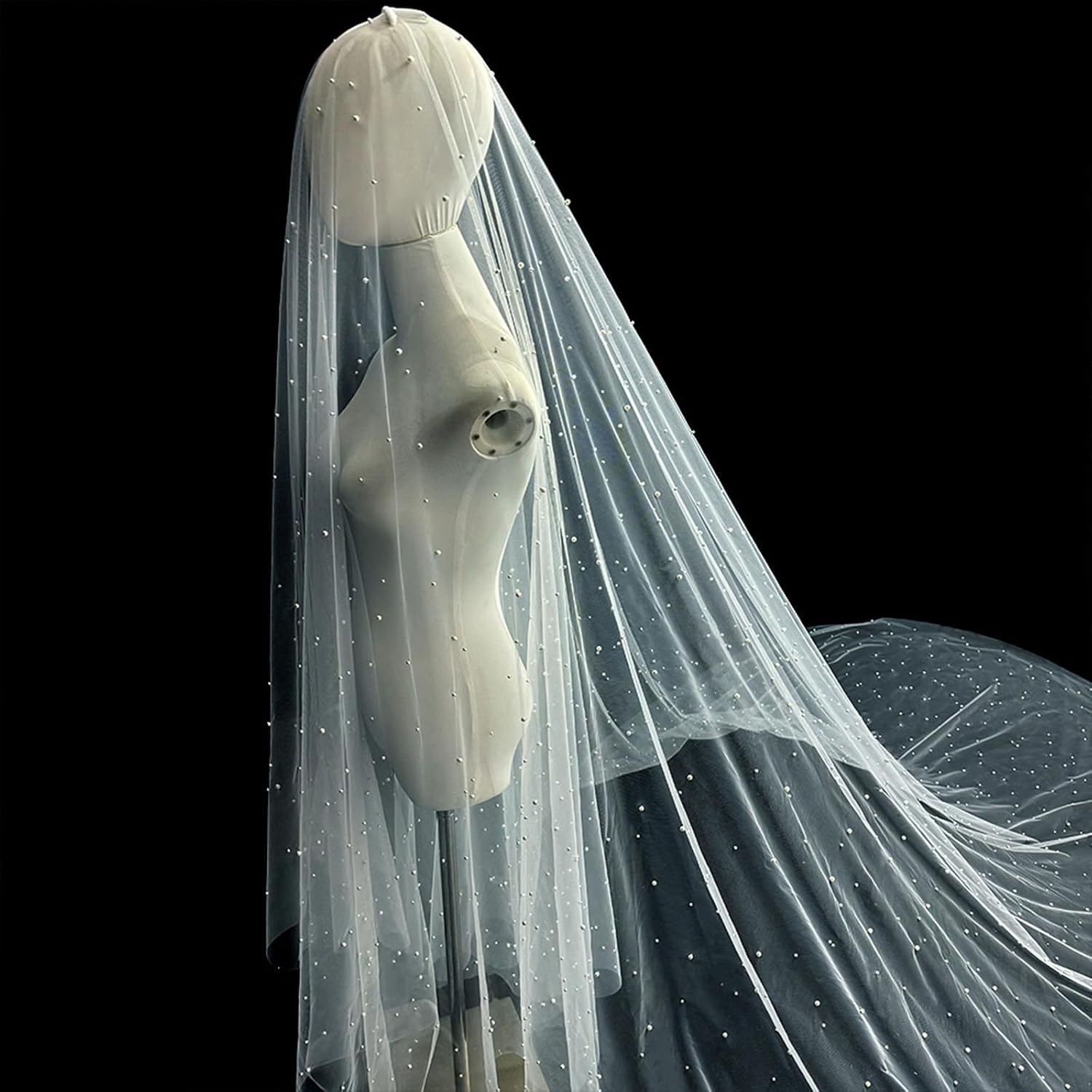 Bridal Long Tulle Veil with Pearls Accents Stage Veil for Wear Stage Veil
