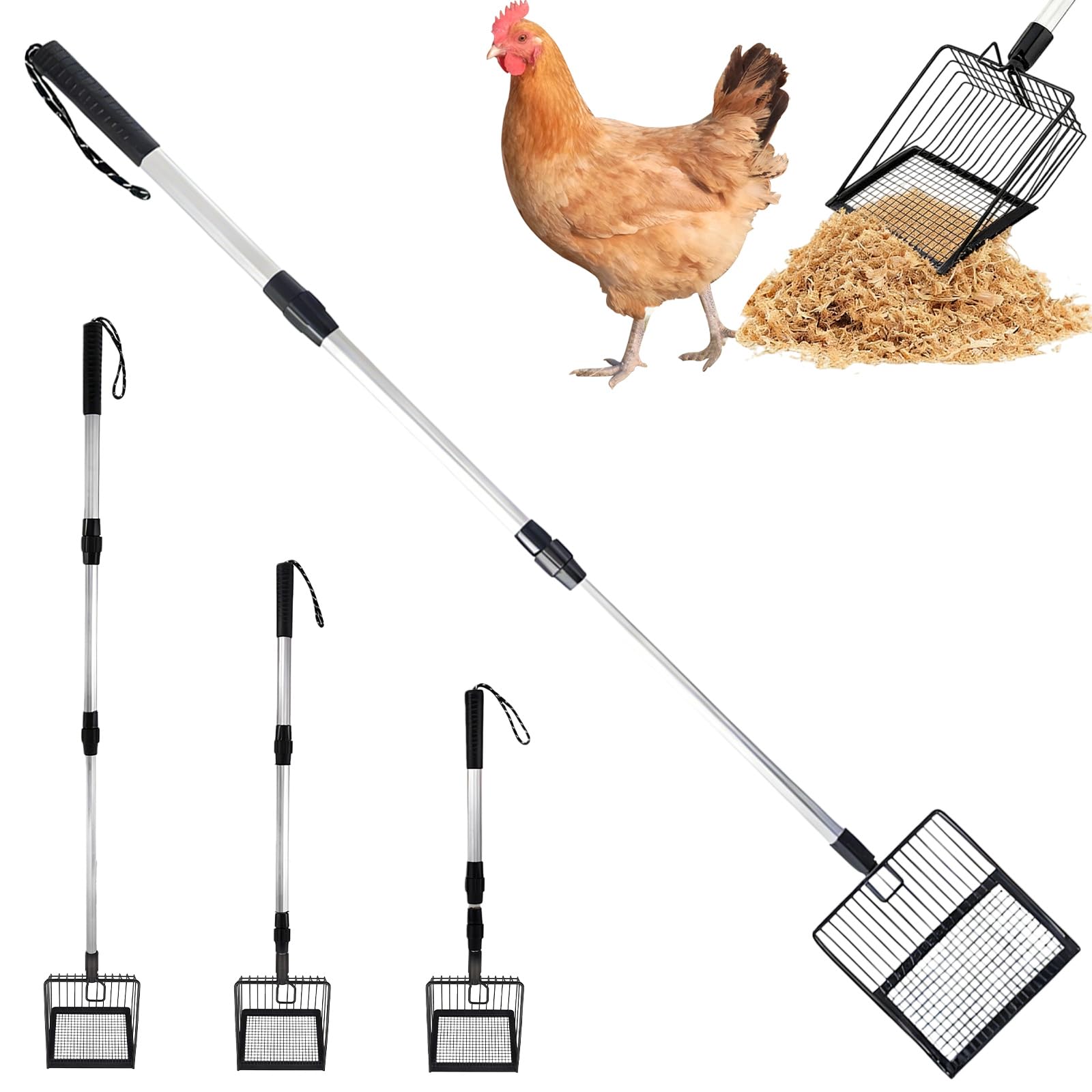 Pelle à déjections de poulet 3 en 1 - En métal - Poignée télescopique - 58-106 cm - Réglable - Pour le nettoyage du poulailler