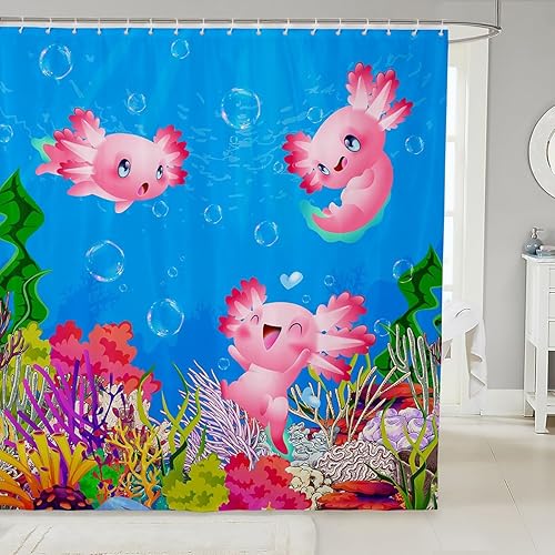 Cortina de ducha con diseño de ajolote con diseño de dibujos animados, juego de cortina de ducha de baño para niños y adultos, cortina de baño