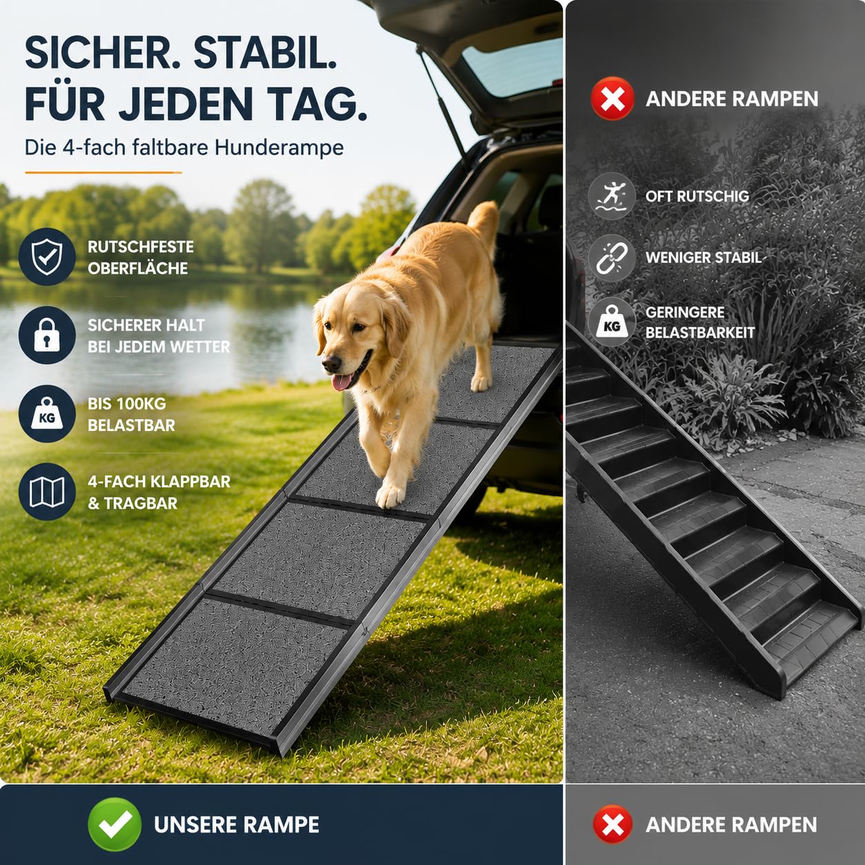 Rampe de voiture pliable pour chien - 170 x 44 cm - Extra large - Pour grands chiens jusqu'à 110 kg - Rampe de coffre de voiture antidérapante - Pour SUV, camion et lit mezzanine - Noir