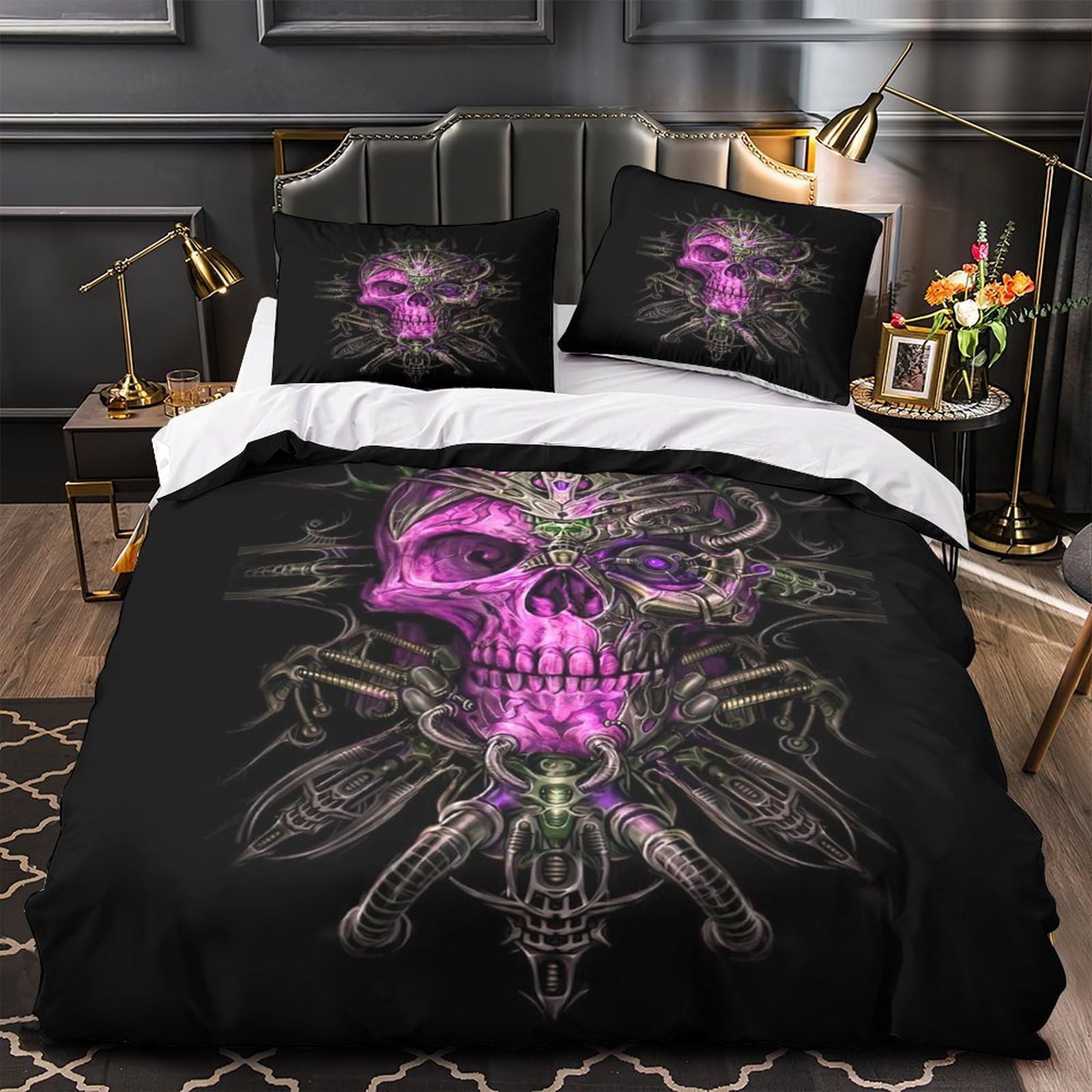 Housse de couette 3D crâne violet avec fermeture éclair microfibre super douce
