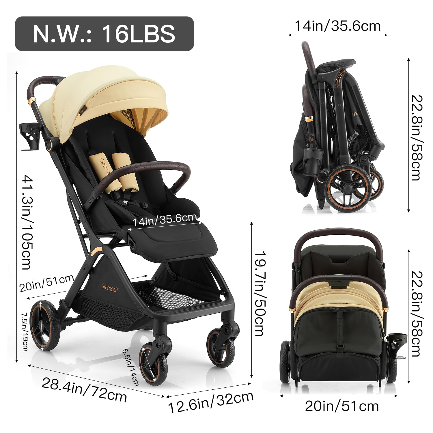 Gromast Gravity Poussette de bébé pliable, Poussette de voyage portable pour nourrisson avec dossier réglable & pare-soleil, légère et protégée des UV, pliage automatique à une main, Beige