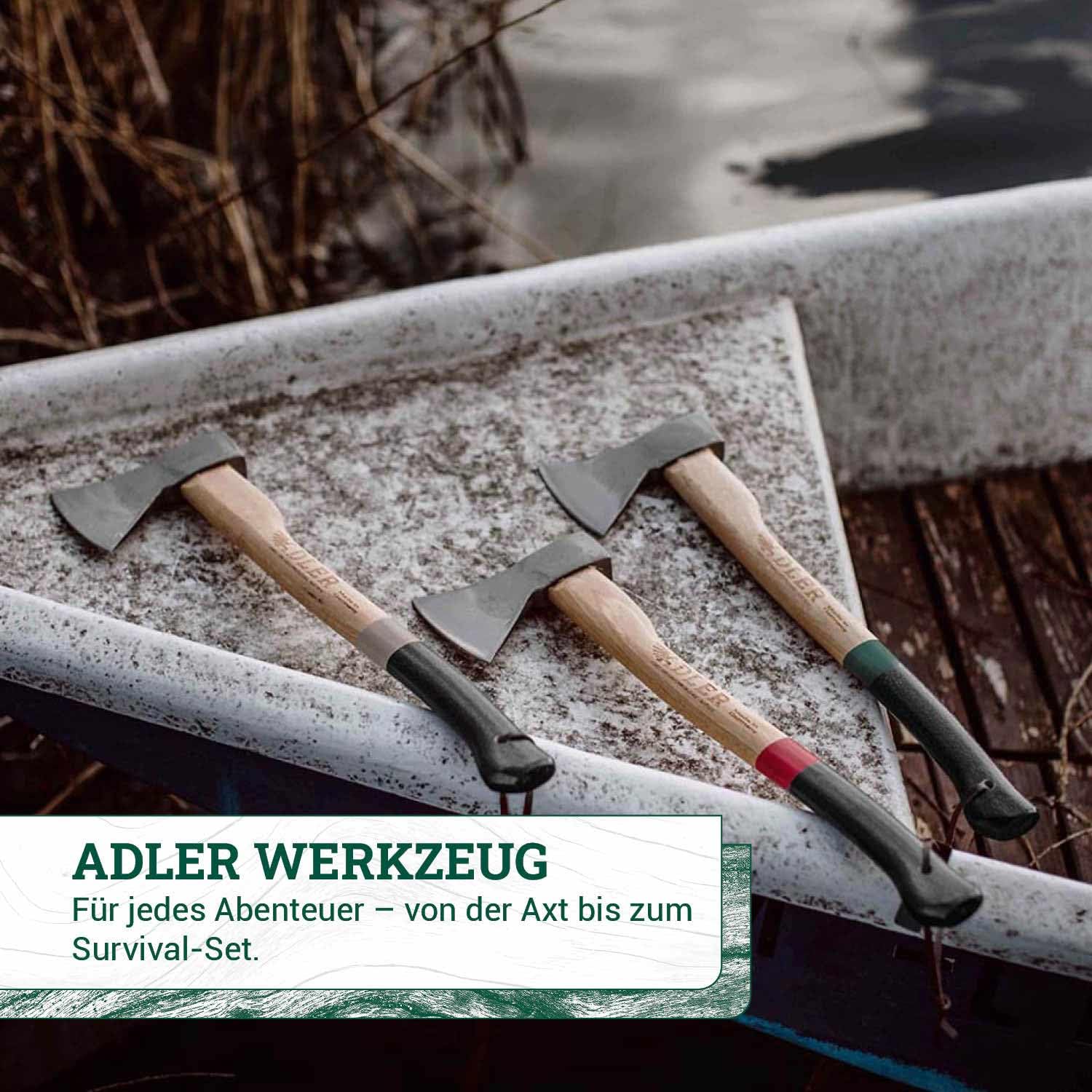 ADLER Kanuaxt Handaxt 600g 50 cm C60 Hickorystiel Spalten Feuerholz Rot | Geschmiedeter Kopf ein und beidhändig nutzbar mit Lederschutz Made in Germany