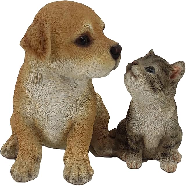 G&H Decor Cat and Dog Resin Lawn Statue  Hand Painted Ornament Figurine with Amazing Detail  Frost Resistant Garden Sculpture Suitable for Indoor or Outdoor Use  Puppy Kitten Patio Gift (Sitting)
