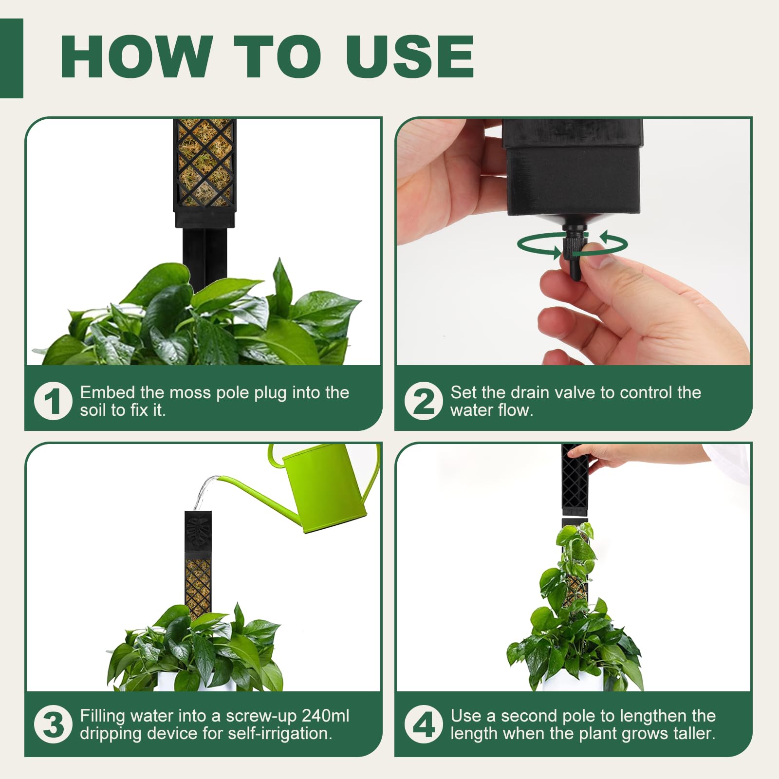 LangRay Tuteur Plantes Grimpantes, 4x25cm Tuteur Monstera pour Plantes d'intérieur, Tiges Auto-arrosant Bâton Extension en Plastique, Support pour Plantes Grimpantes Sphaigne Coco Jardin