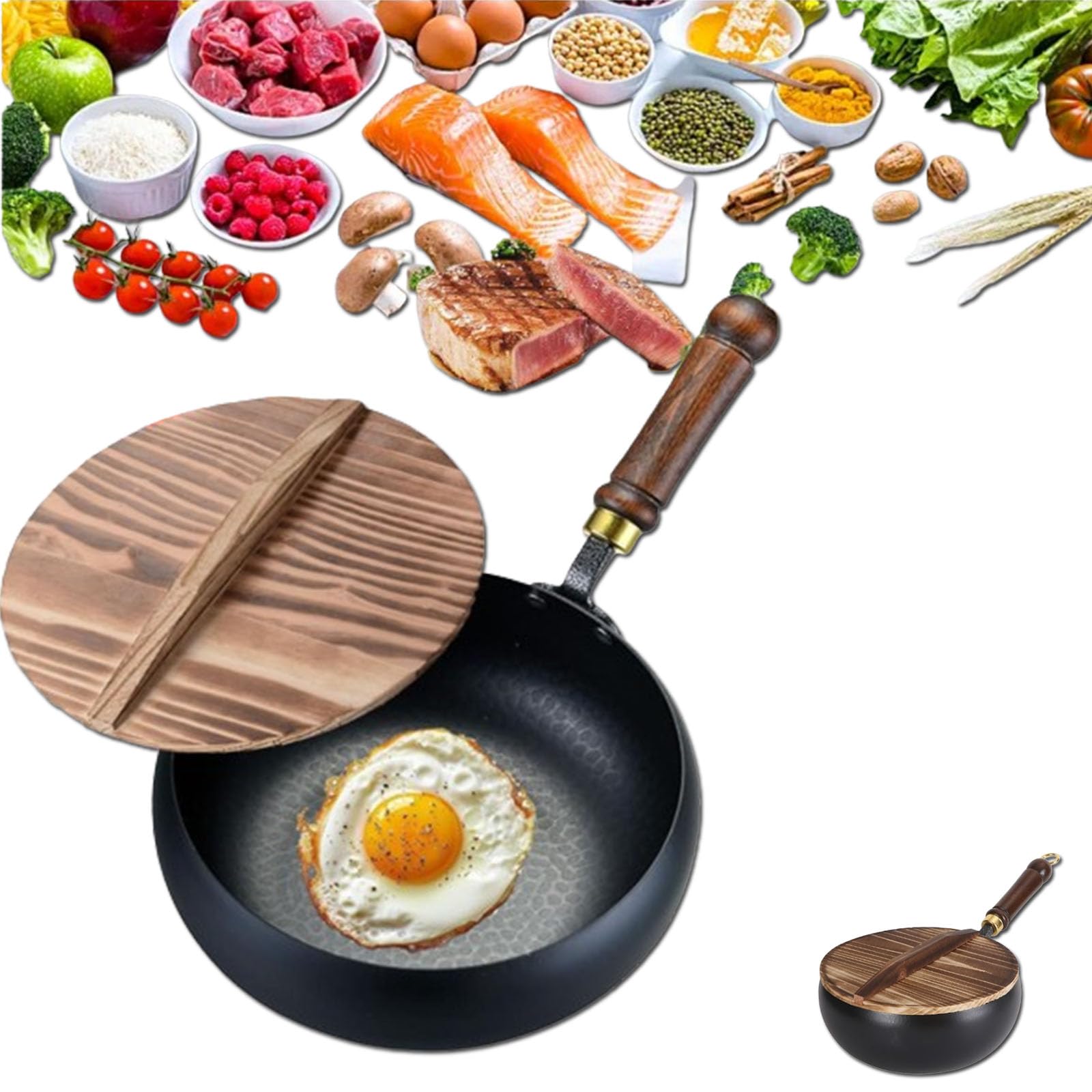 Padella in ferro non rivestita, padella in Sartén de hierro sin revestimiento, sartén japonesa Suntuup, wok de fondo redondo con tapa, wok pequeño de fondo plano sin revestimiento (28cm)