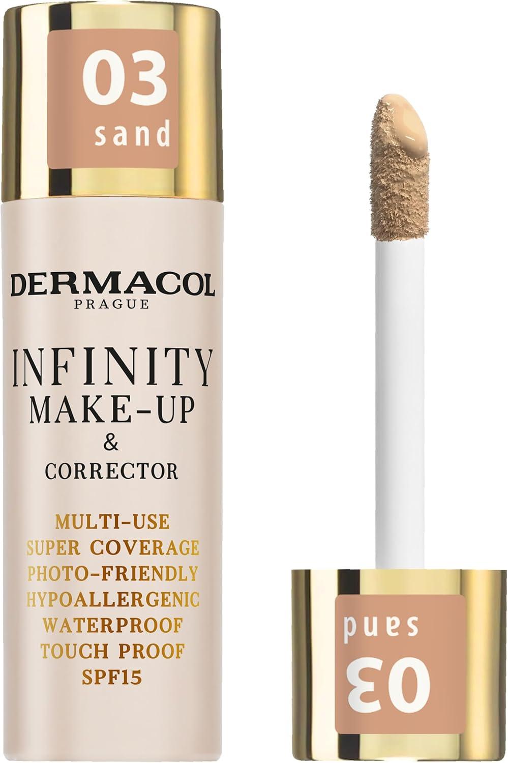 Dermacol Infinity make-up en corrector, meervoudig bruikbaar, super dekking, fotovriendelijk, hypoallergeen, waterbestendig, aanraakbestendig, niet occluderend, SPF 15, n. 03