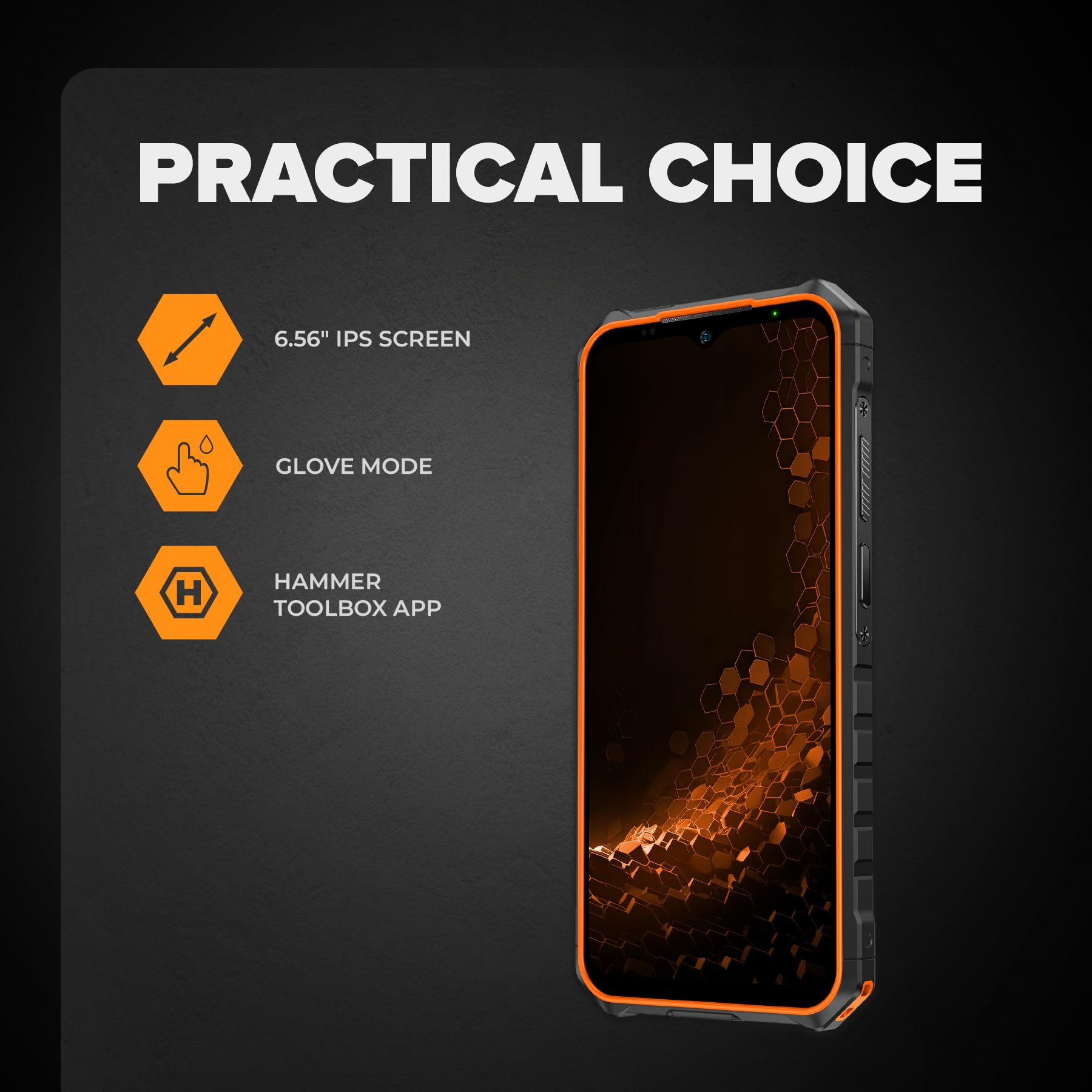 Hammer Iron V 6GB/64GB Telefono Indistruttibile, Camera 50 MP + Visione Notturna 24 MP, Batteria 6320 mAh, NFC, Smartphone Rugged Con Dual SIM, IP69, Display 6,5", Nero/Arancione