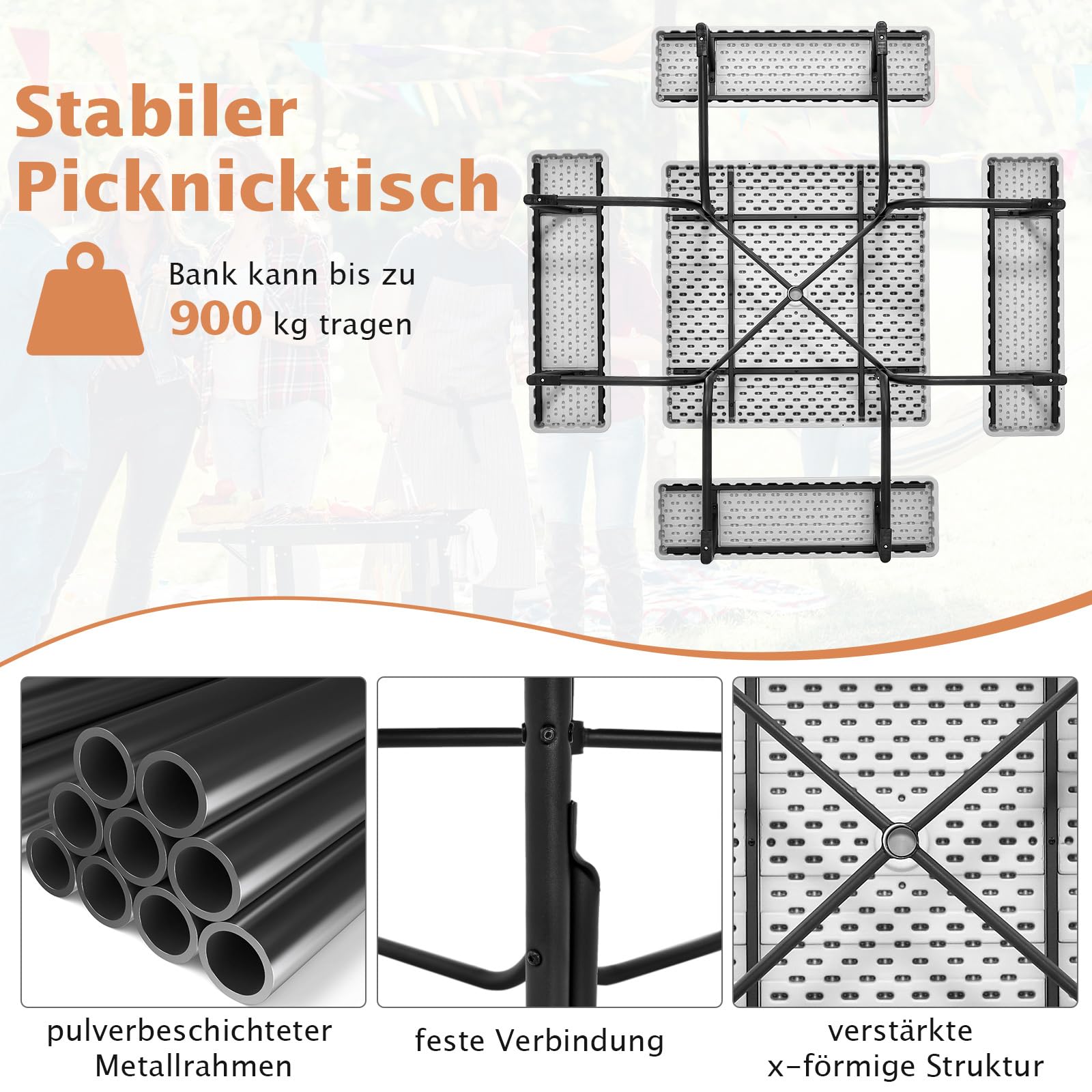 COSTWAY Zestaw do siedzenia dla 8 osób, stół piknikowy z otworem na parasol i 4 ławkami, kwadratowy stół ogrodowy, zestaw mebli ogrodowych, zestaw mebli ogrodowych, zestaw mebli do siedzenia do