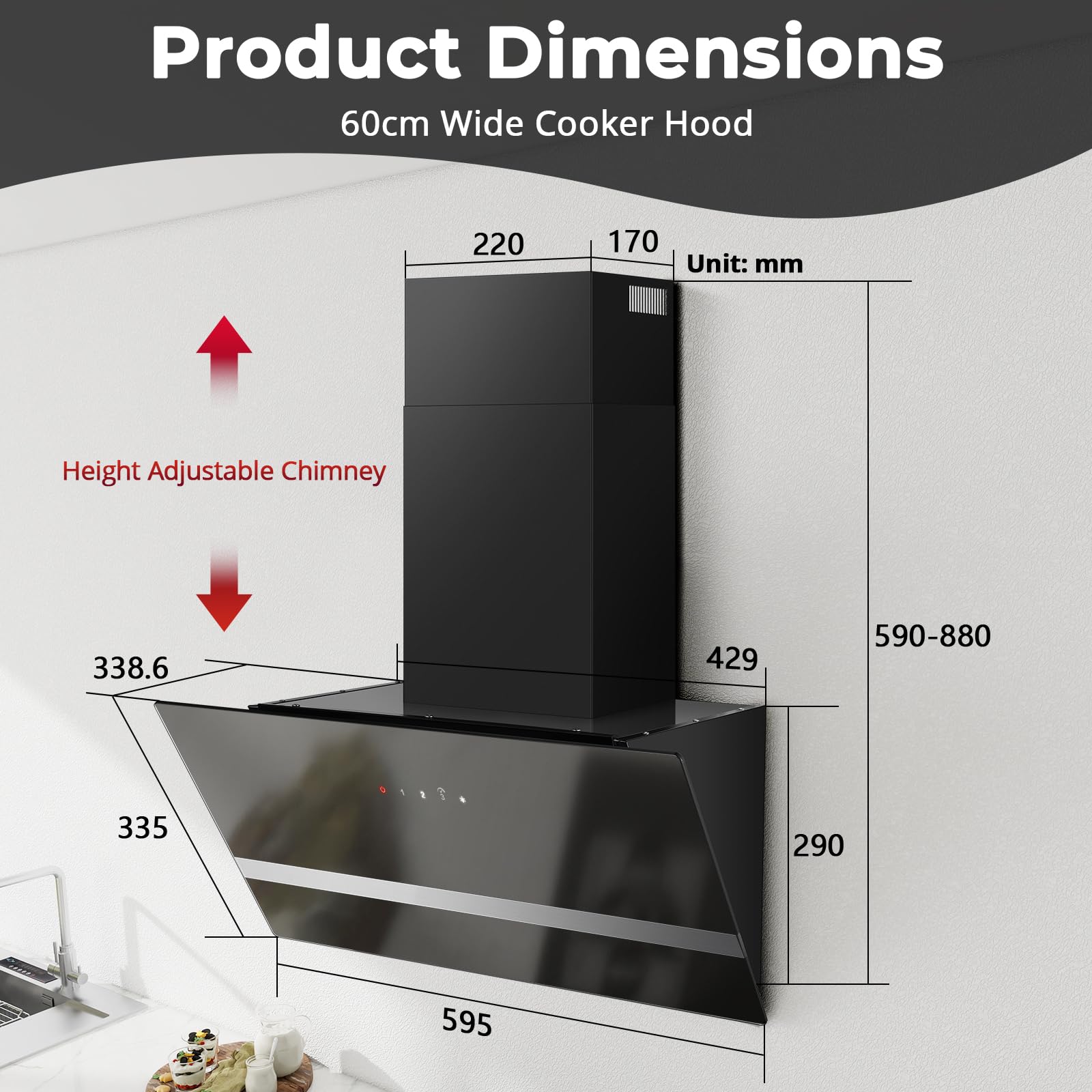 SNDOAS 60cm Angled Cooker Hood, 450 m³/h Kitchen Extractor Fan, A+++ Range Hood, Recirculating & Ducting Modes with Carbon Filters, Black Glass Touch Control with 3 Speed + Booster — view 3