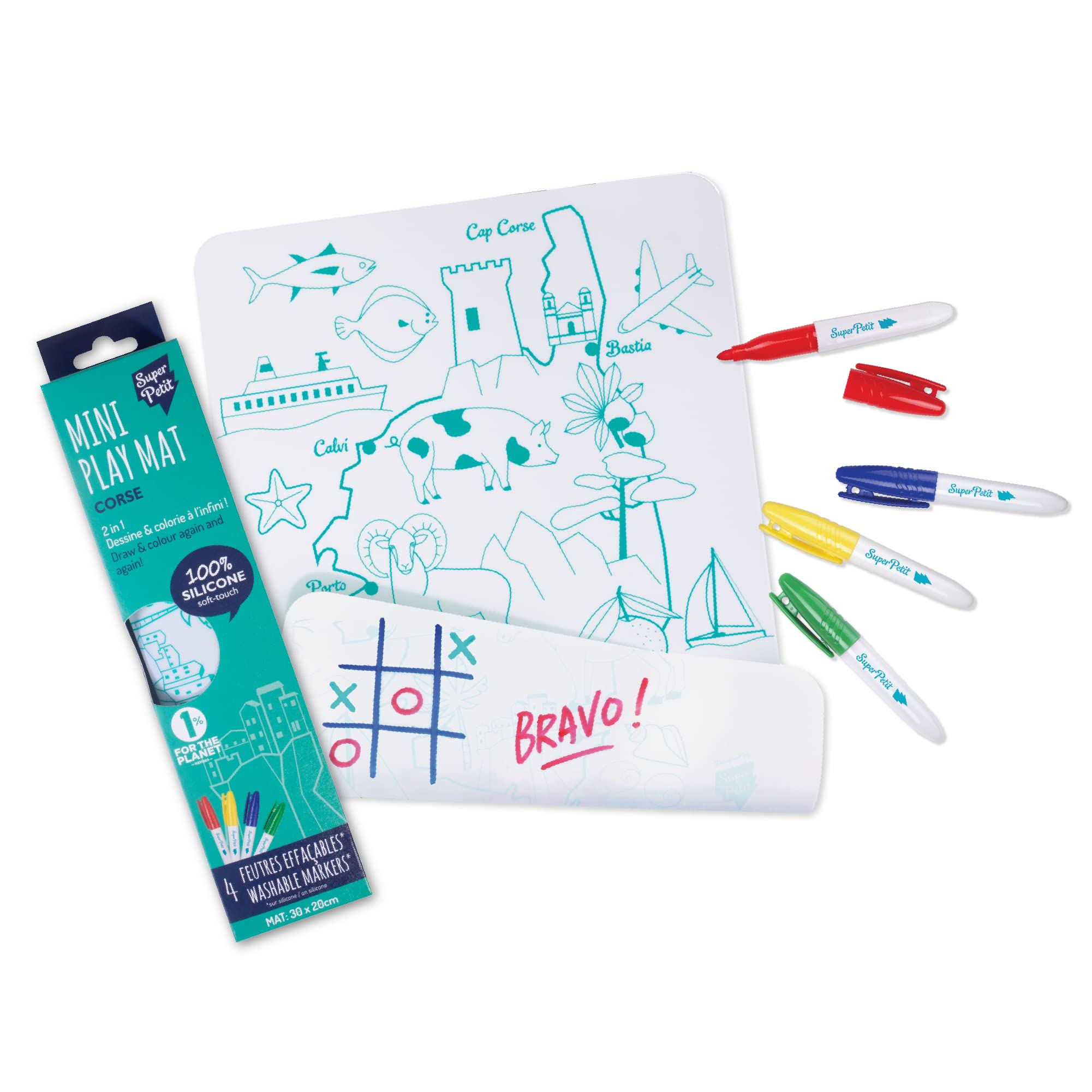 SUPER PETIT - Educational game - colouring La Corsica - Reversible - Comes with 4 erasable felt tip pens in different colours - Easy to clean - Reusable - Antibacterial - From 3 years