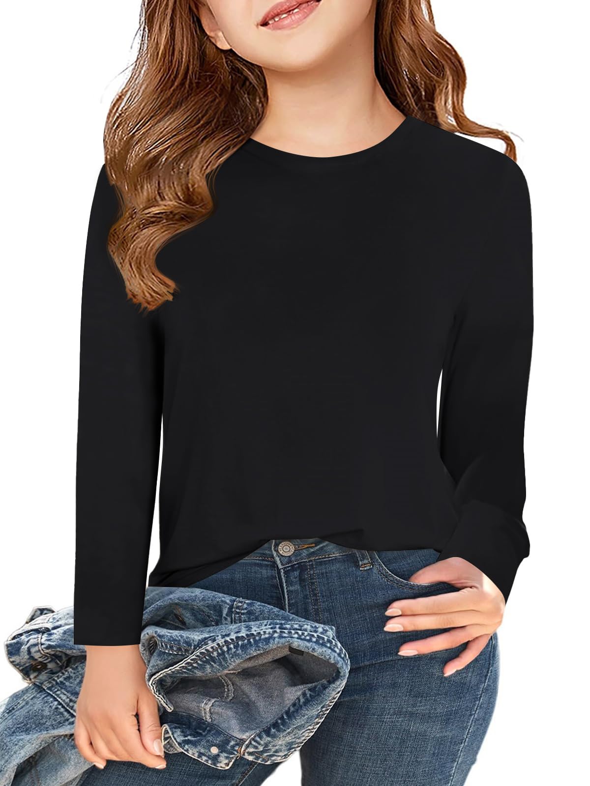 Haloumoning Langarm T-Shirt Mädchen Rundhals Basic Tops Kinder Einfarbige Niedlich Langarmshirt Casual Oberteile 5-14 Jahre, Schwarz, 7-8 Jahre