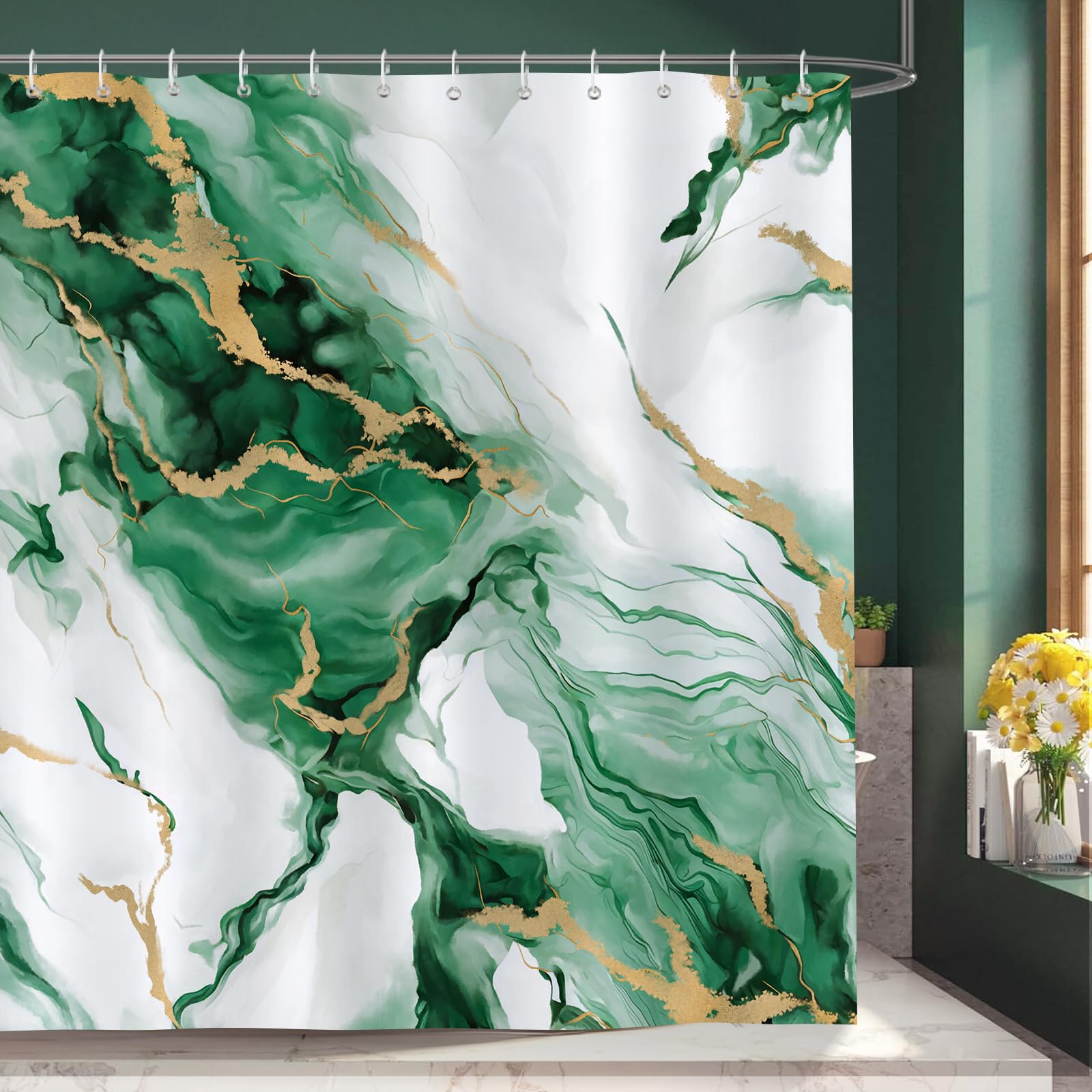 BonhauseGreen Marble Shower Curtain Gold Emerald Ombre Texture Abstract Modern Luxury Bathroom Curtain 180 x 180 cm Waterproof Mildew & Mould Resistant Polyester Bath Curtain with 12 Hooks