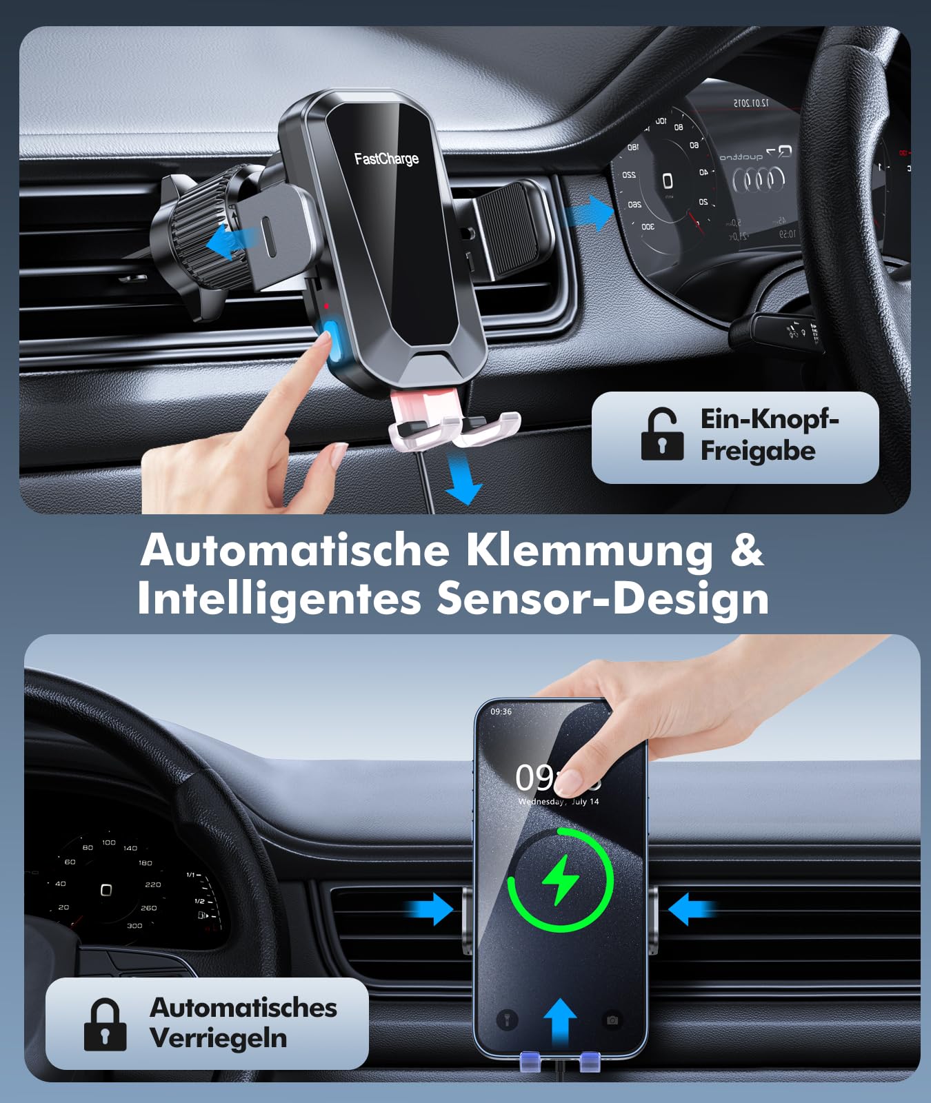 EOIWUY 15W Handyhalterung Auto mit Ladefunktion, 【Automatische Klemmung】 Induktive Ladestation Auto, Stabile & Fast Wireless Charger Auto Handy Halterung Lüftung für iPhone 17/16/15, Galaxy S25 usw
