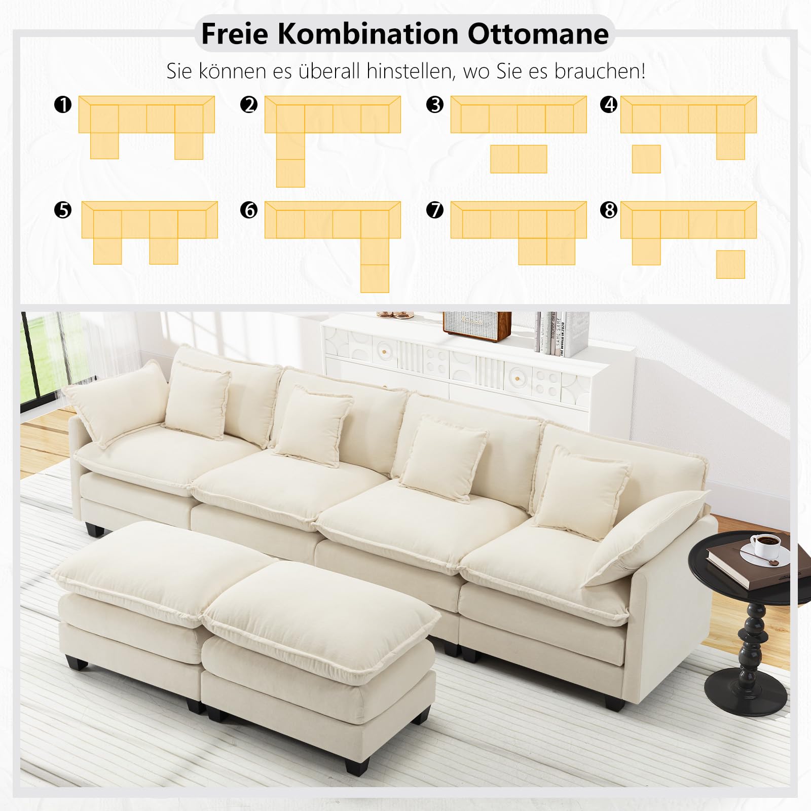 Urhanherry U-Form Cloud Sofa, Modulares Sektionssofa 6-Sitzer mit 2 Ottomanen, Modernes Sofa mit Dekokissen/Armlehnen, Atmungsaktivem Chenille-Stoff, U Sofa Couch für Wohnzimmer, Beige