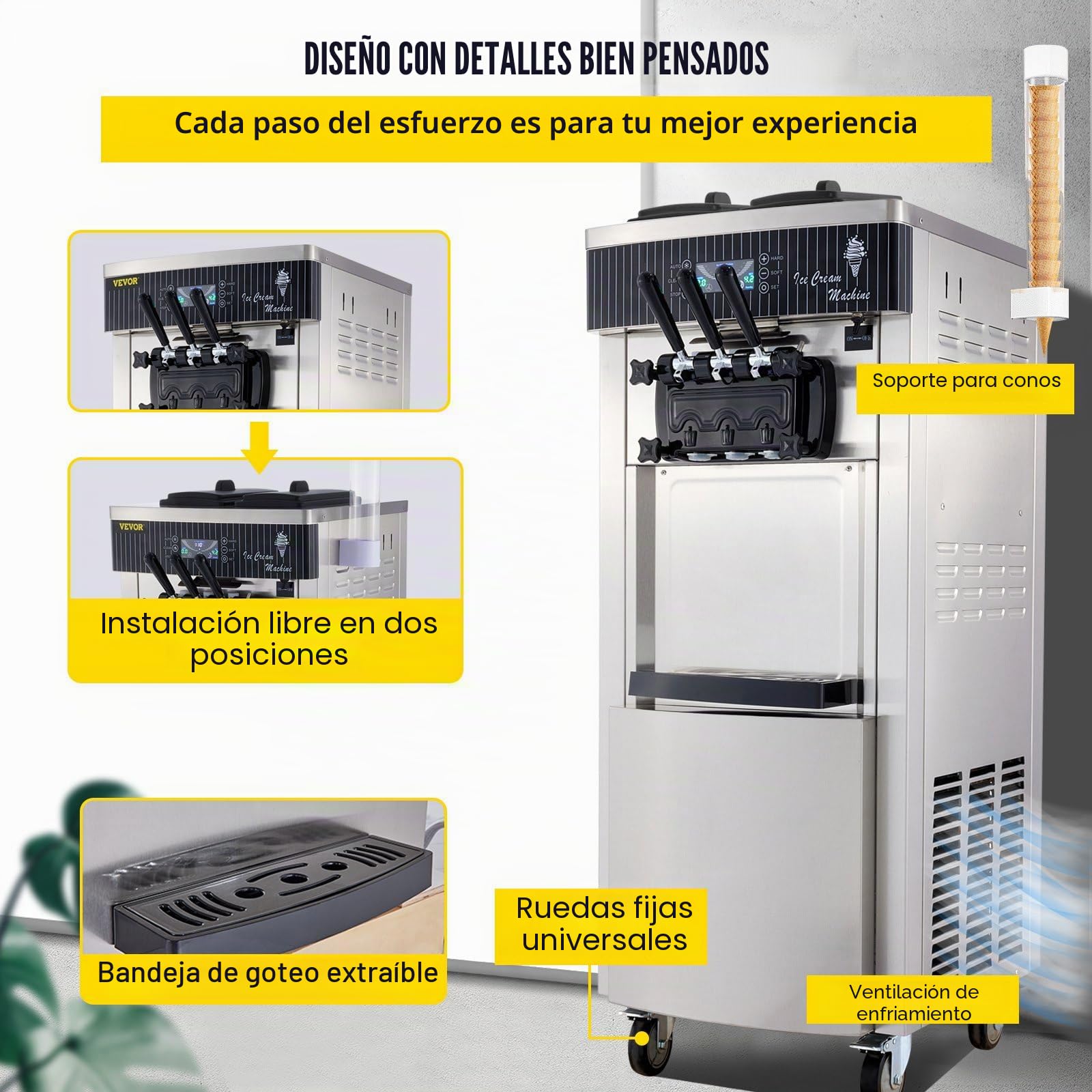 Máquina de helado comercial 20-28L/h 2200W 3 sabores, máquina de helado italiana tolva, panel LED de limpieza automática, refrigeración de noche, para yogur café Snack-Bar