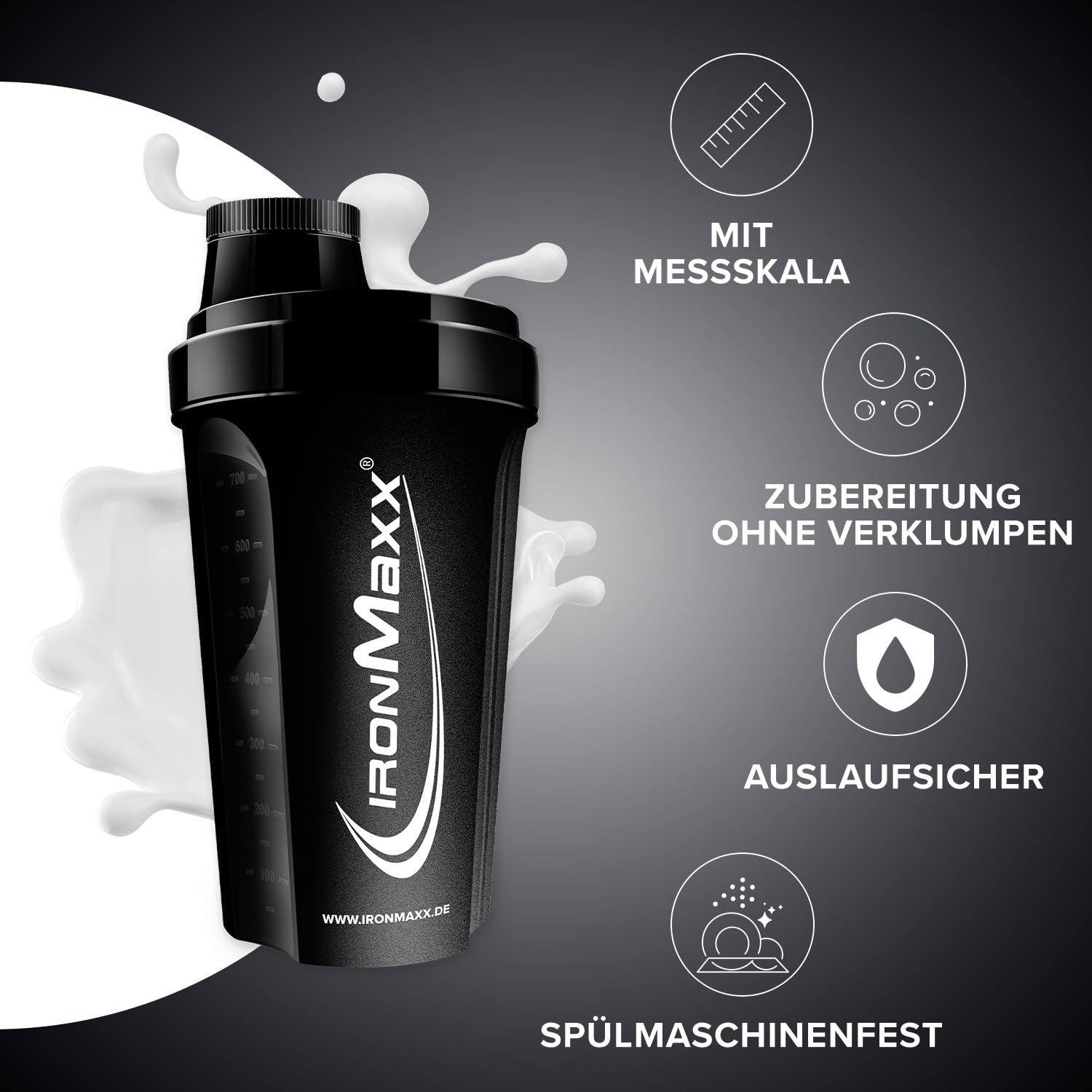 IronMaxx ‎40513 Shaker Proteinowy z Zamknięciem Obrotowym, 700 ml, Czarny