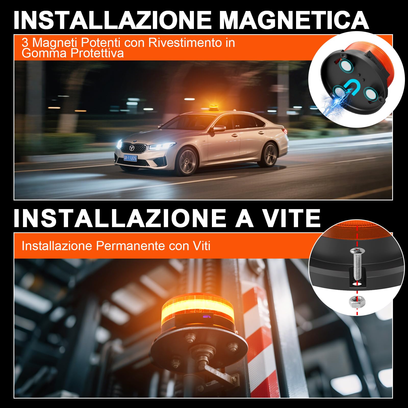 AnTom Lampeggiante Trattore LED Ricaricabile 12V 24V 9 Modalità di Lampeggio con Magneti, Luce di Avvertimento Gialla, Cavo di Ricarica Auto e USB con Indicatore Batteria per Auto, Trattore, SUV