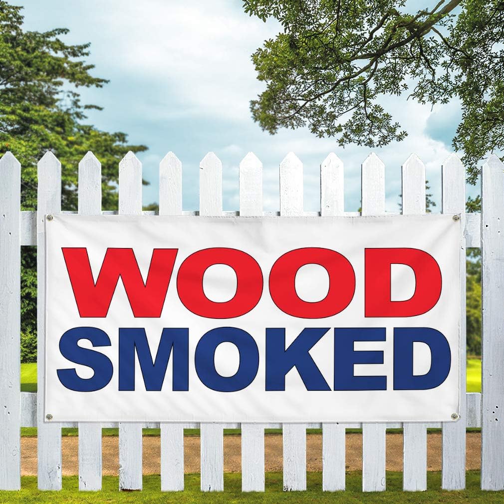 Vinyl Banner Multiple Sizes Wood Smoked Red Blue Food Bar Restaurant Truck Restaurant & Food Outdoor Weatherproof Industrial Yard Signs 4 Grommets 16x40Inches