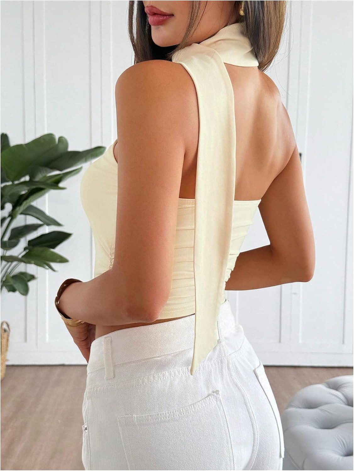 GORGLITTER Women's Halter Scarf Crop Tops Boho Going Out Tops Off The Shoulder Sleeveless Club One Shoulder Tank Tops - Image 2