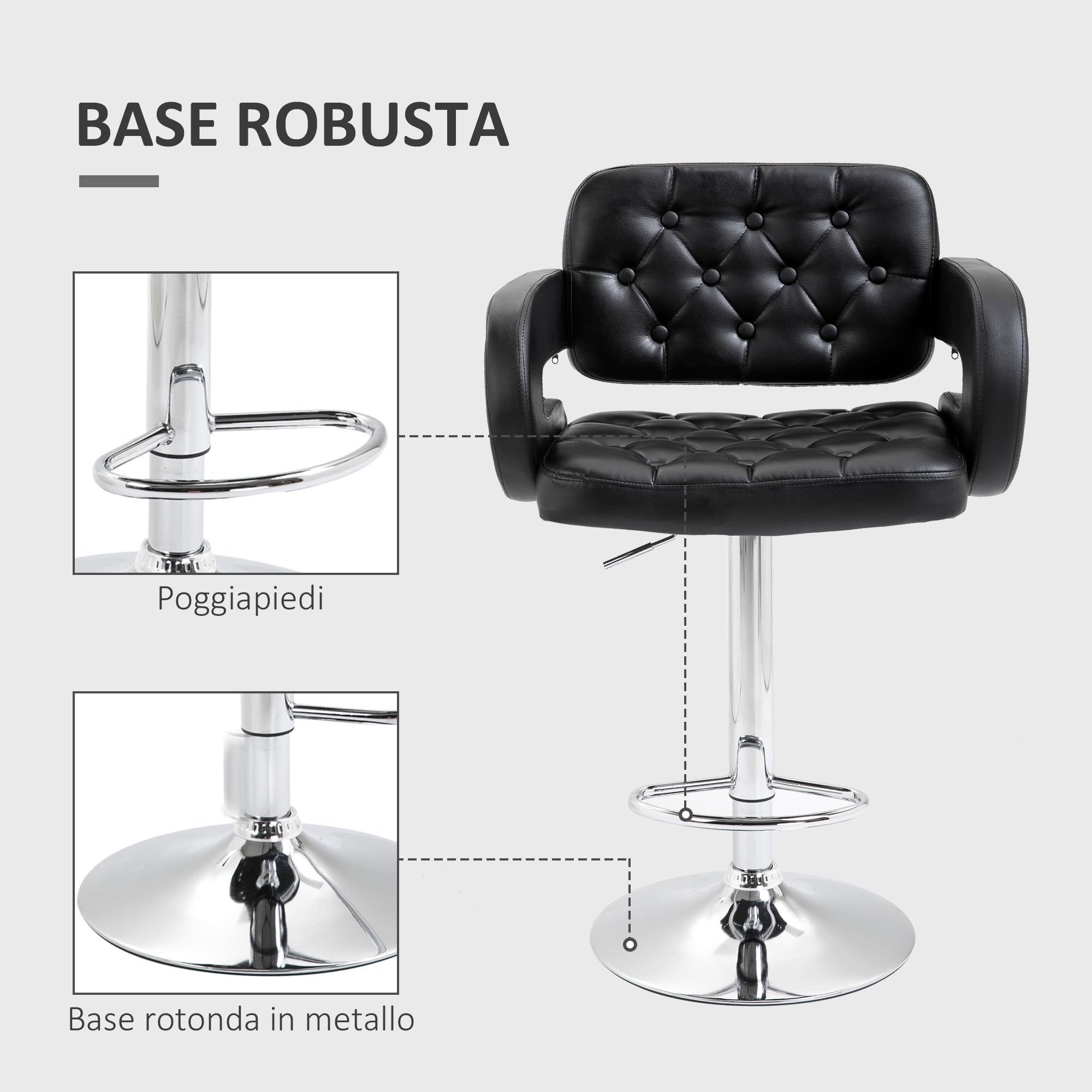HOMCOM Sgabello da Bar Alto con Schienale e Braccioli, Sgabello da Cucina Moderno Girevole con Altezza Regolabile e Poggiapiedi, in Finta Pelle, 64x50x94-114cm, Nero